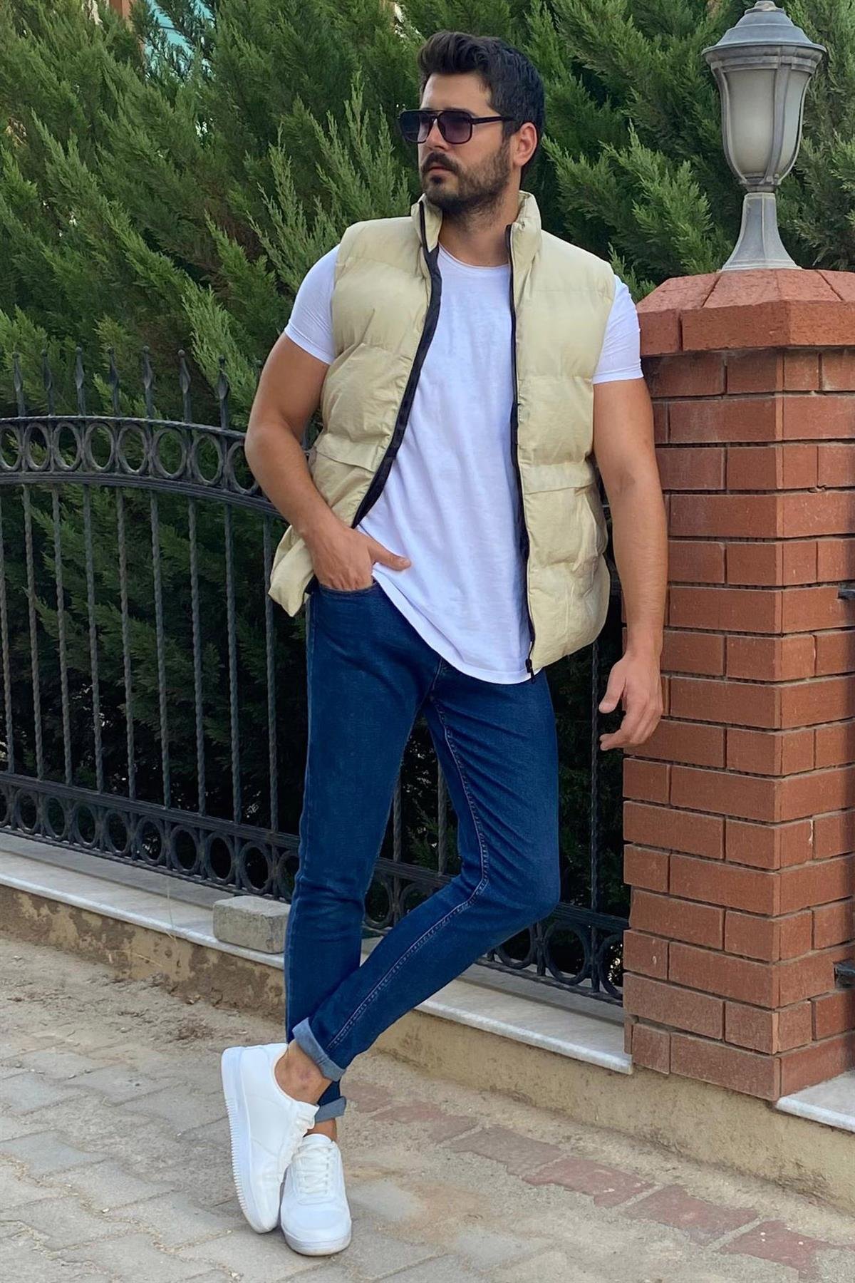 Bej Şişme Yelek Kombini