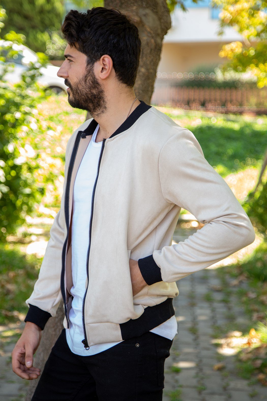 Bej slim fit süet ceket