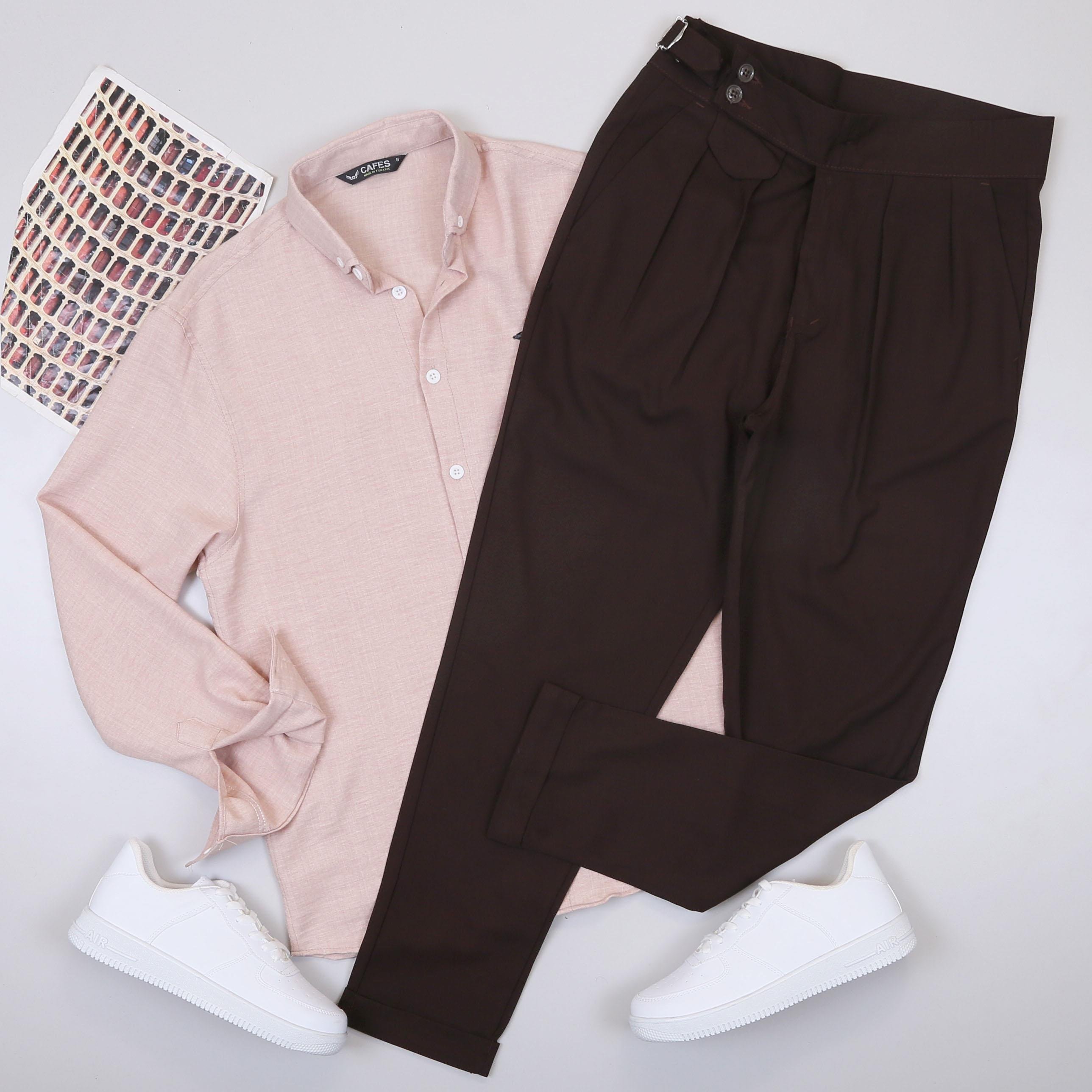 Bej Spor Gömlek Pileli Pantolon Ayakkabı Kombin