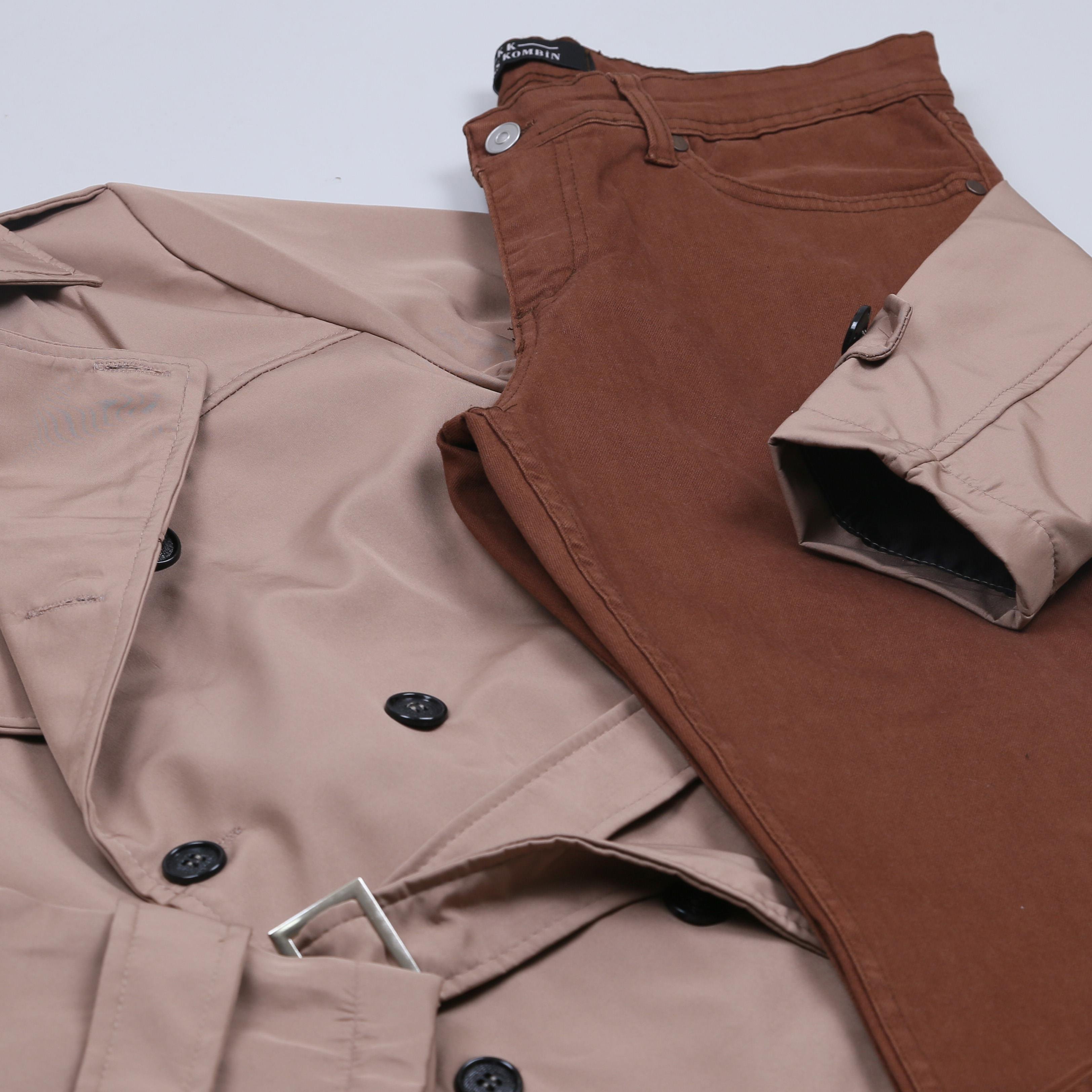 Bej Trençkot Pantolon Bot Kombini 