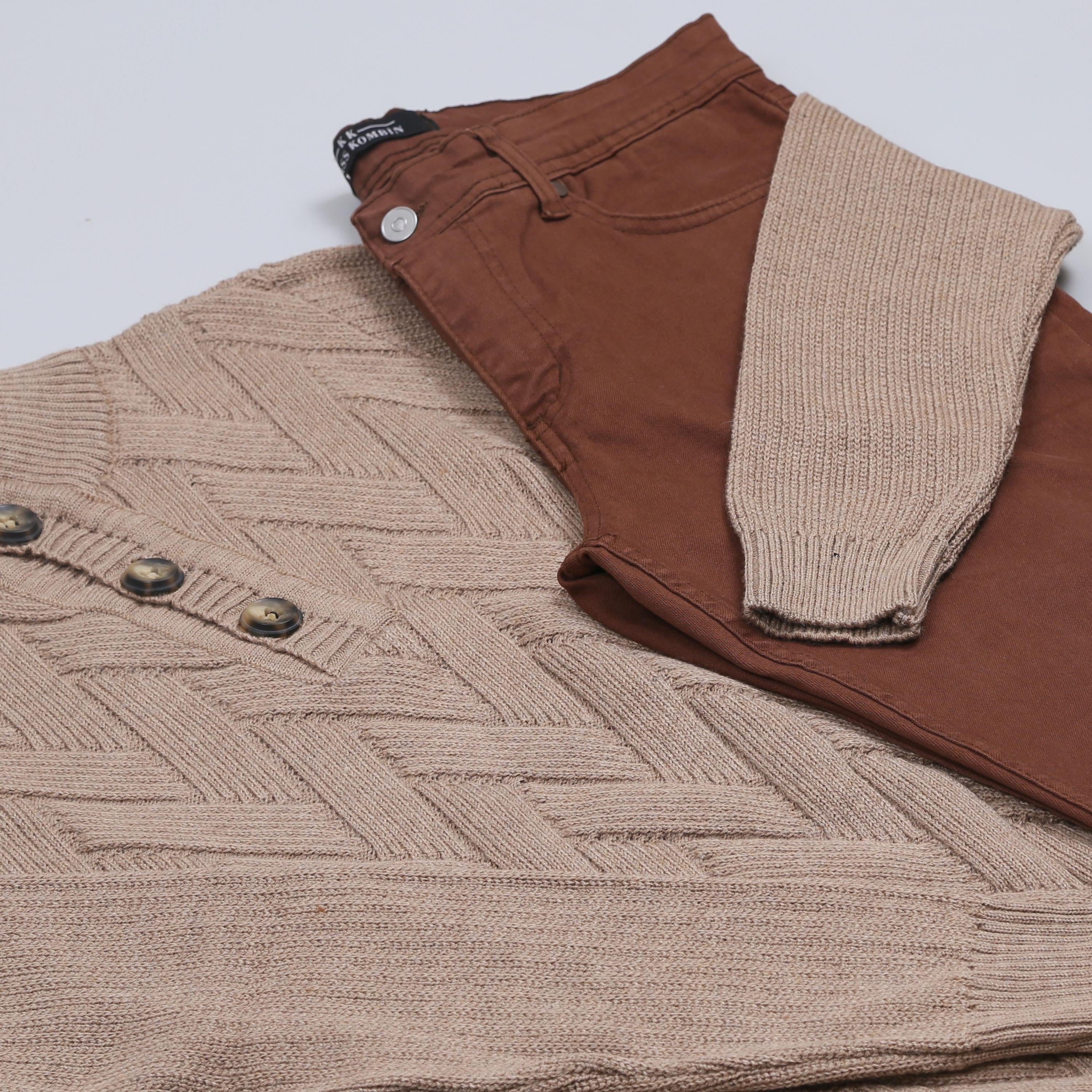 Bej Triko Kazak Kot Pantolon Ayakkabı Kombini