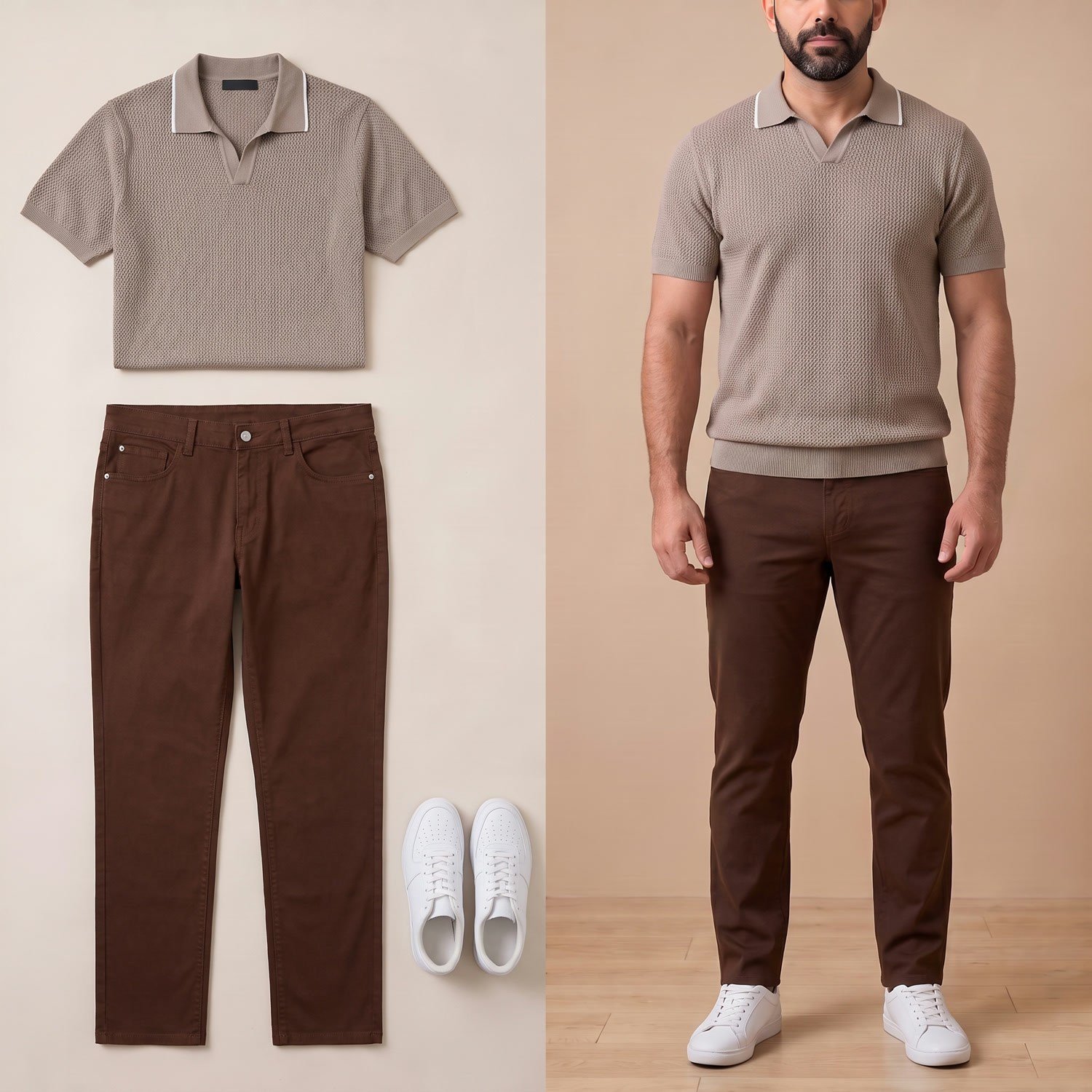 Bej Triko Polo Yaka Tişört Kombini Erkek | Slim Fit Şık Komple Set 