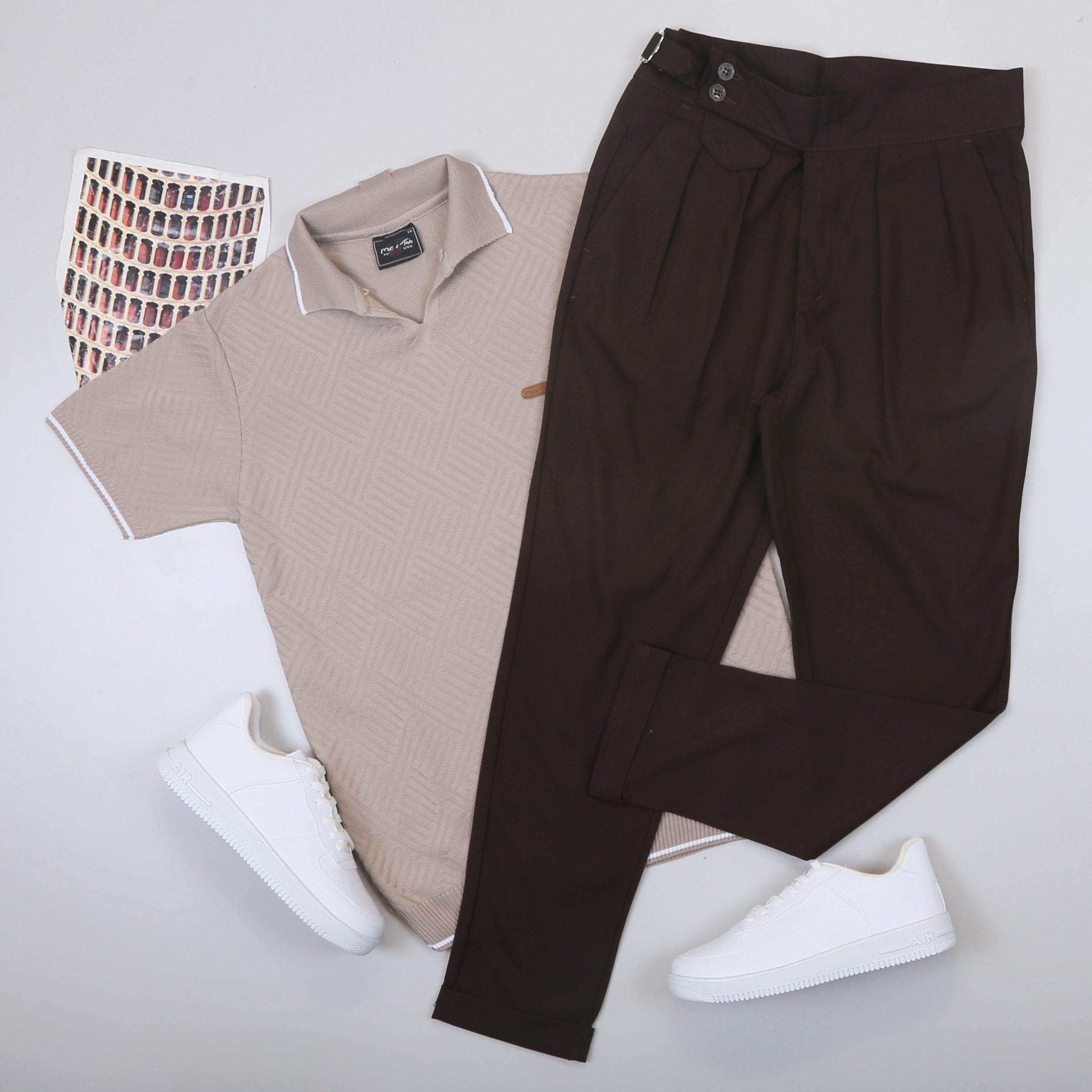 Bej Triko Polo Yaka Tişört Pileli Pantolon Ayakkabı Kombin