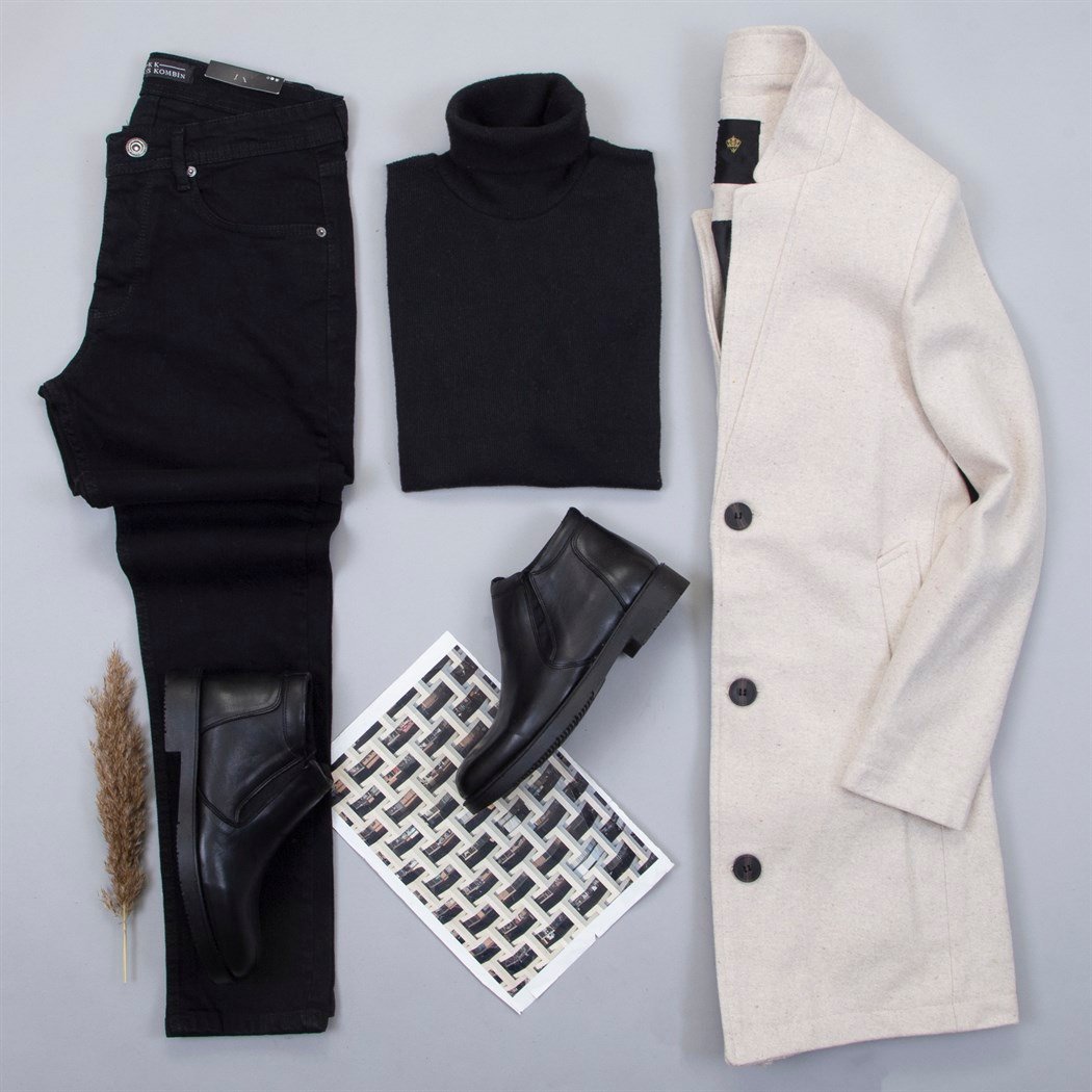 Bej Uzun Kaşe Kaban Boğazlı Kazak Pantolon Bot Kombin