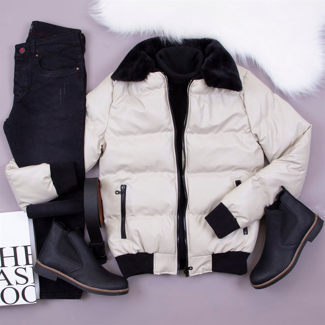 Bej Yakası Kürklü Şişme Mont Kazak Pantolon Bot Kombin