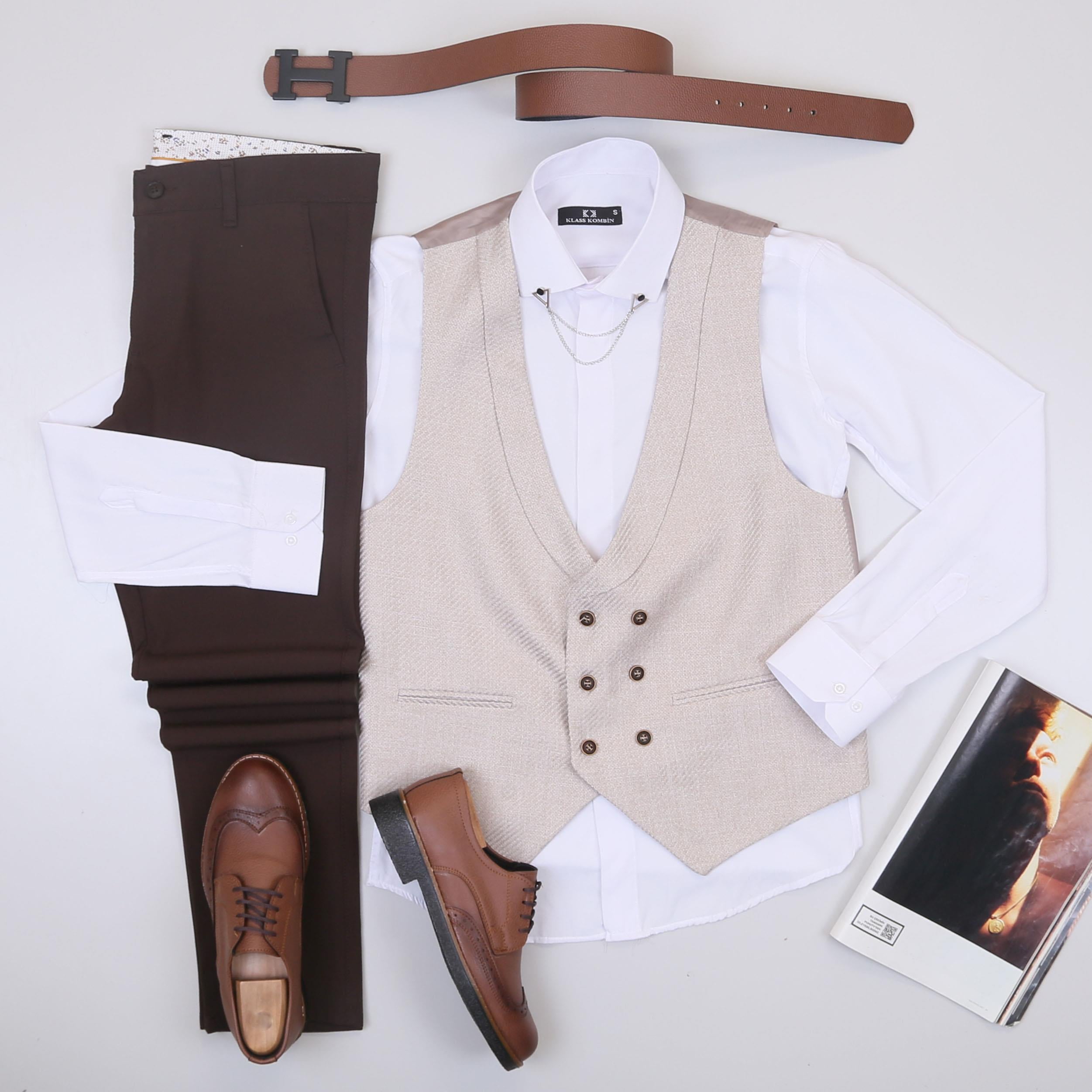 Bej Yelek Gömlek Pantolon Ayakkabı Kombin