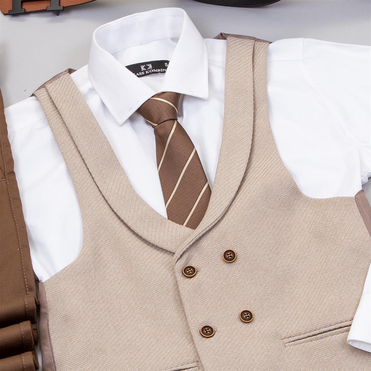 Bej Yelek Gömlek Pantolon Ayakkabı Kombin