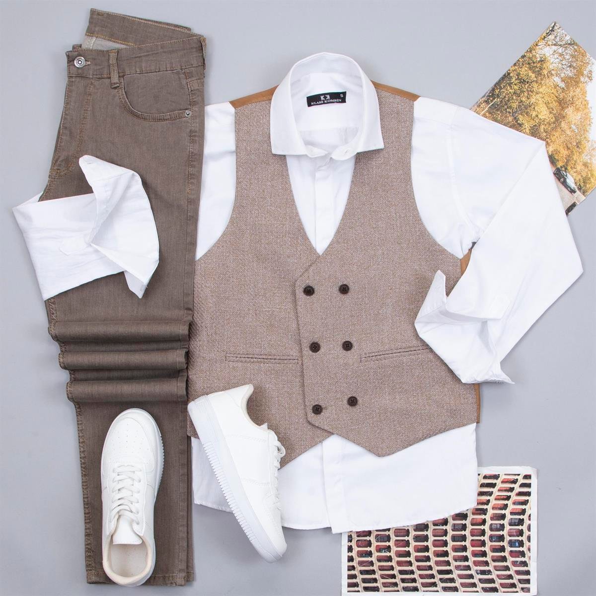 Bej Yelek Gömlek Pantolon Ayakkabı Kombin