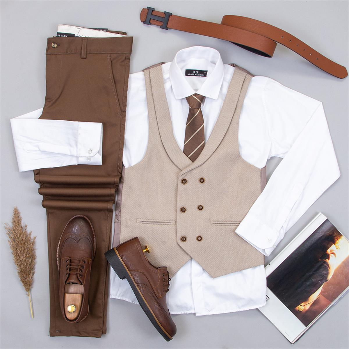 Bej Yelek Gömlek Pantolon Ayakkabı Kombin