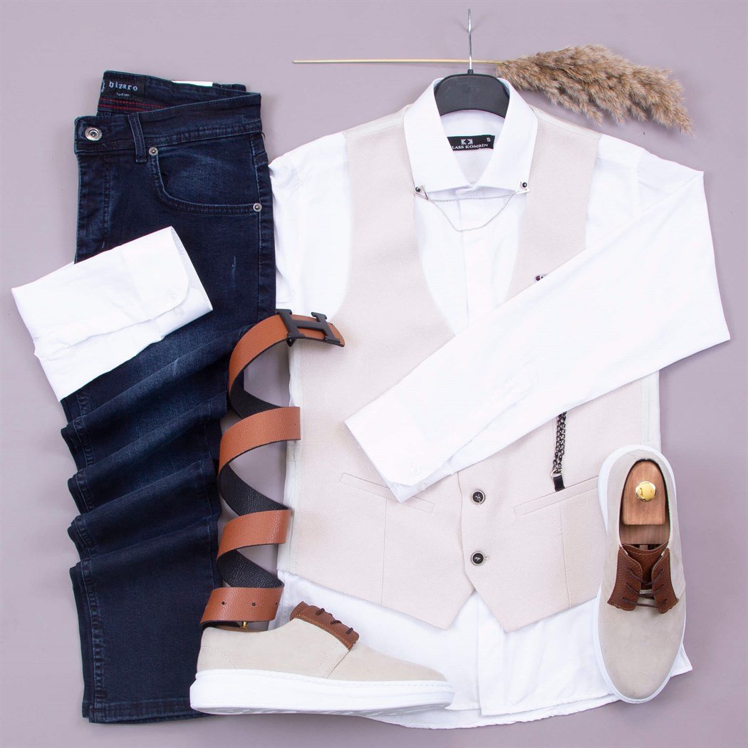 Bej Yelek Gömlek Pantolon Ayakkabı Kombin