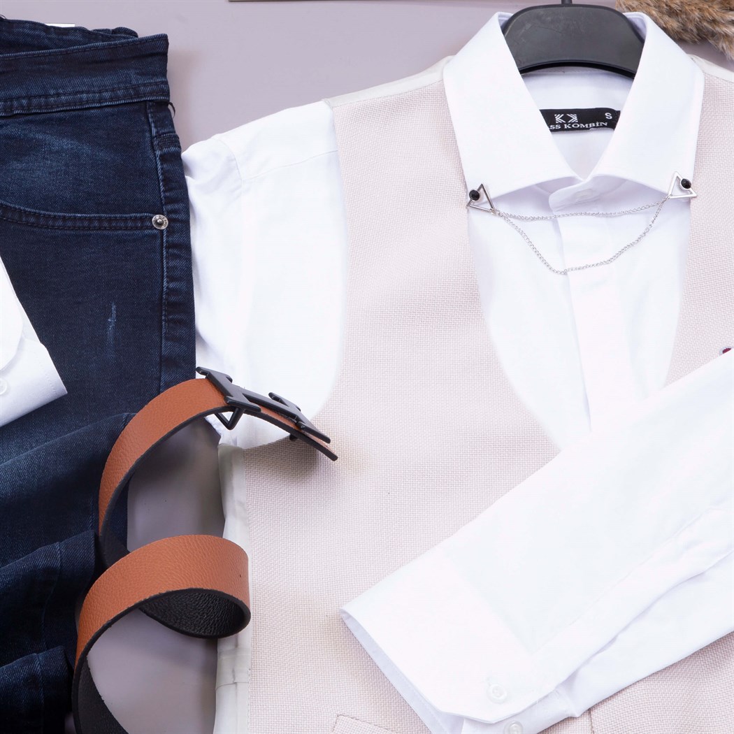 Bej Yelek Gömlek Pantolon Ayakkabı Kombin