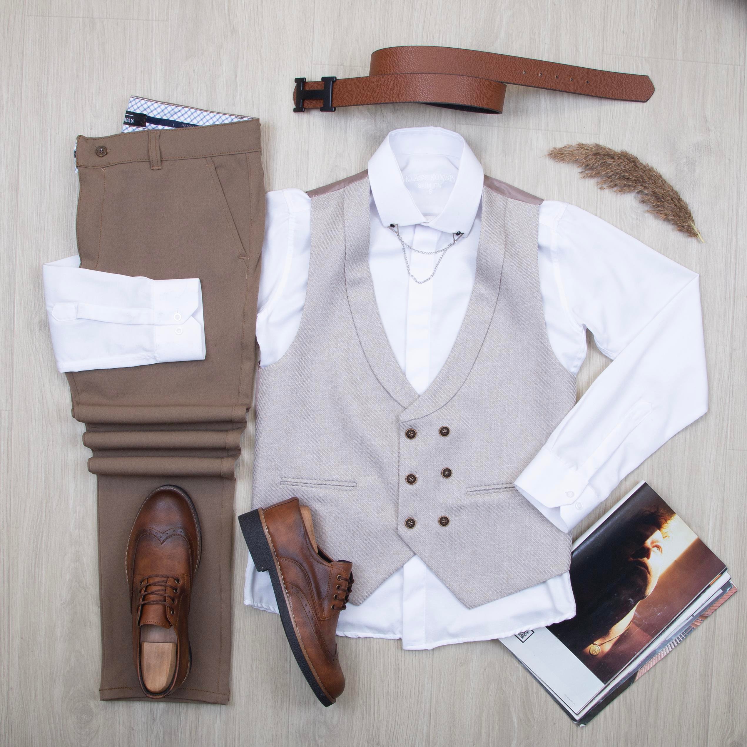 Bej Yelek Gömlek Pantolon Ayakkabı Kombin