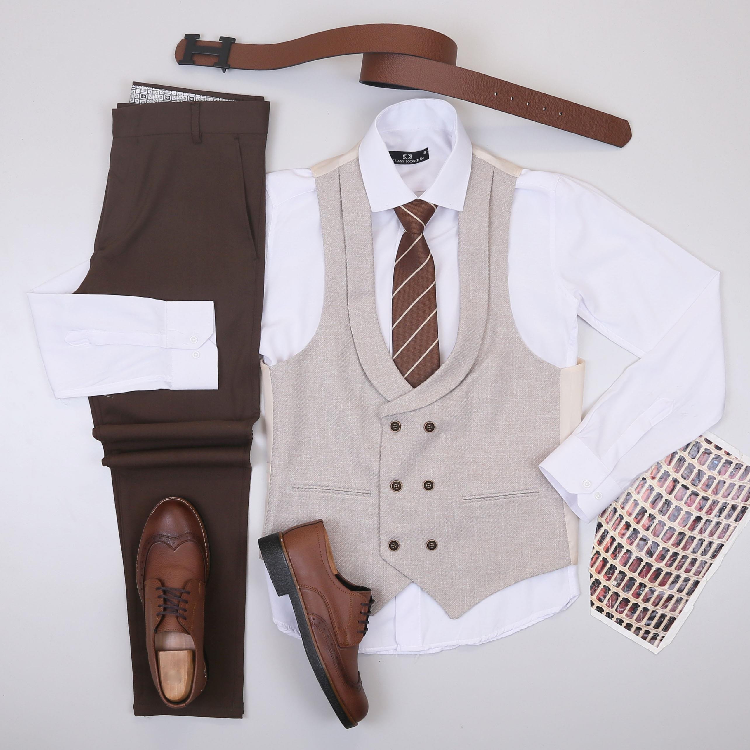 Bej Yelek Gömlek Pantolon Ayakkabı Kombin