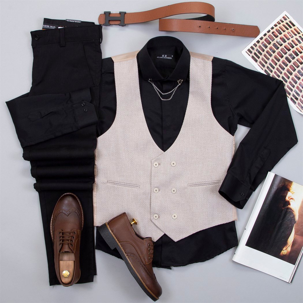 Bej Yelek Gömlek Pantolon Ayakkabı Kombin