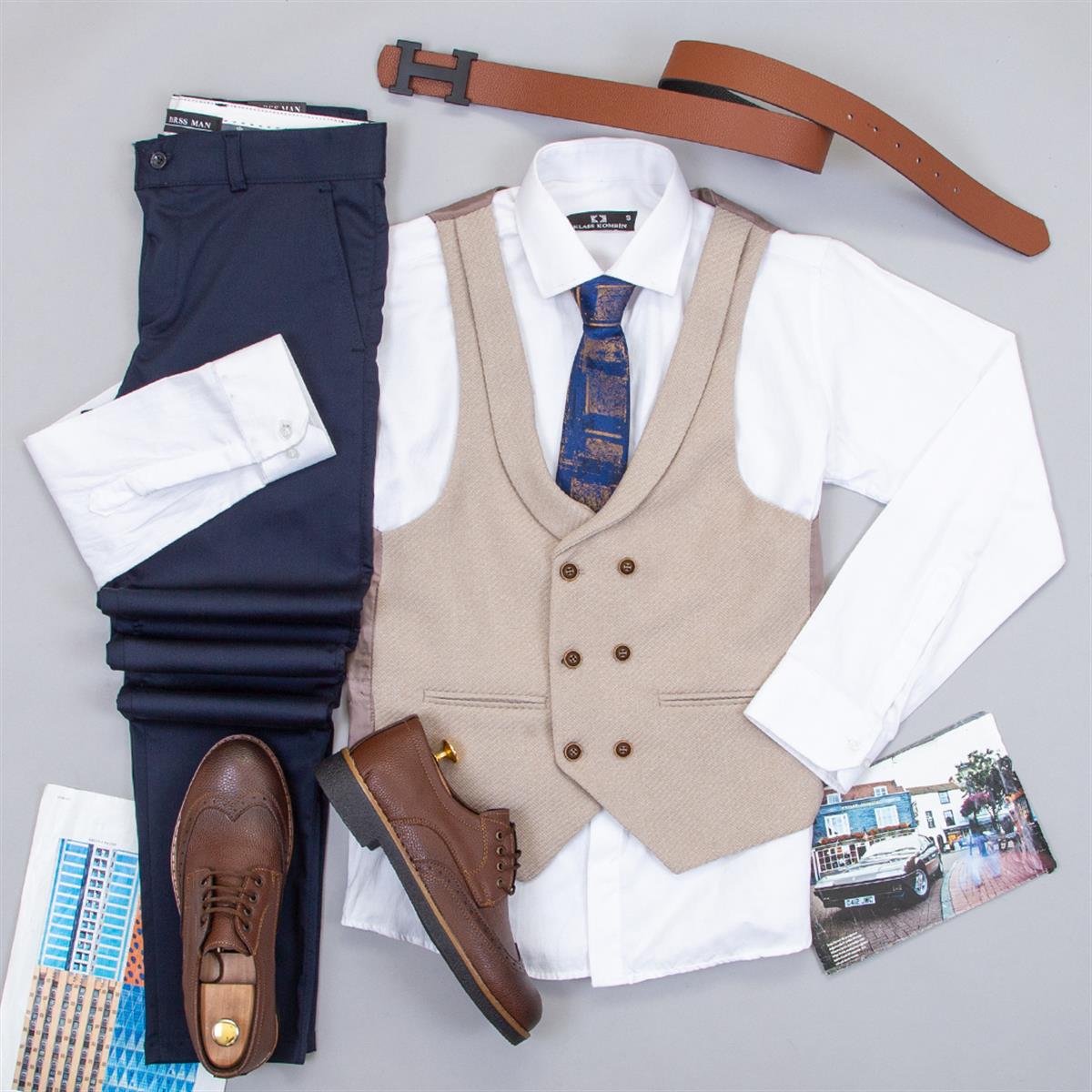 Bej Yelek Gömlek Pantolon Ayakkabı Kombin