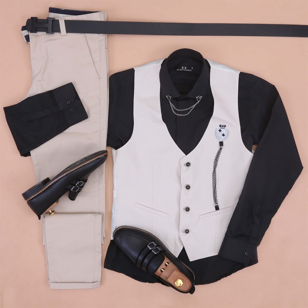 Bej Yelek Siyah Gömlek Kumaş Pantolon Klasik Ayakkabı Koımbini 