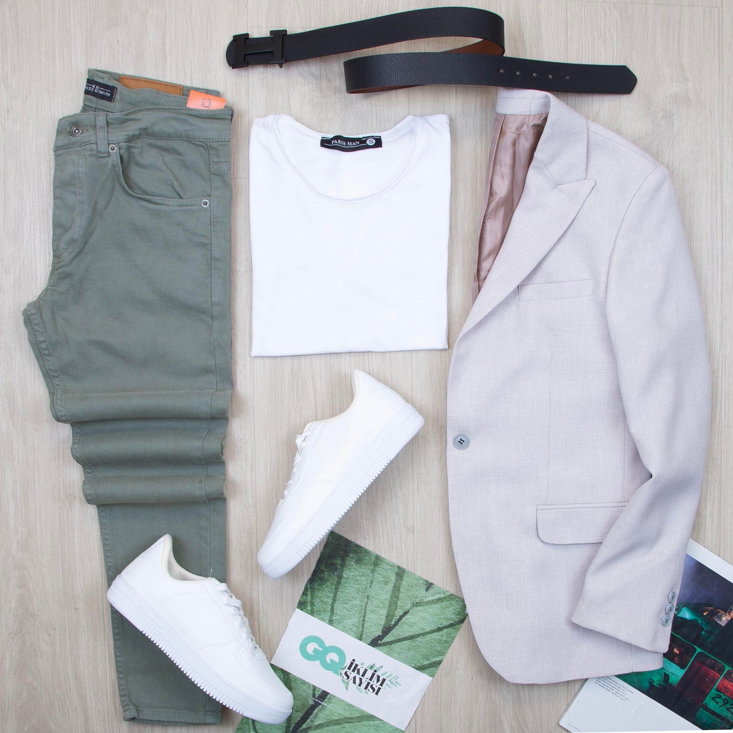 Beyaz Blazer Ceket Tişört Pantolon Ayakkabı Kombin