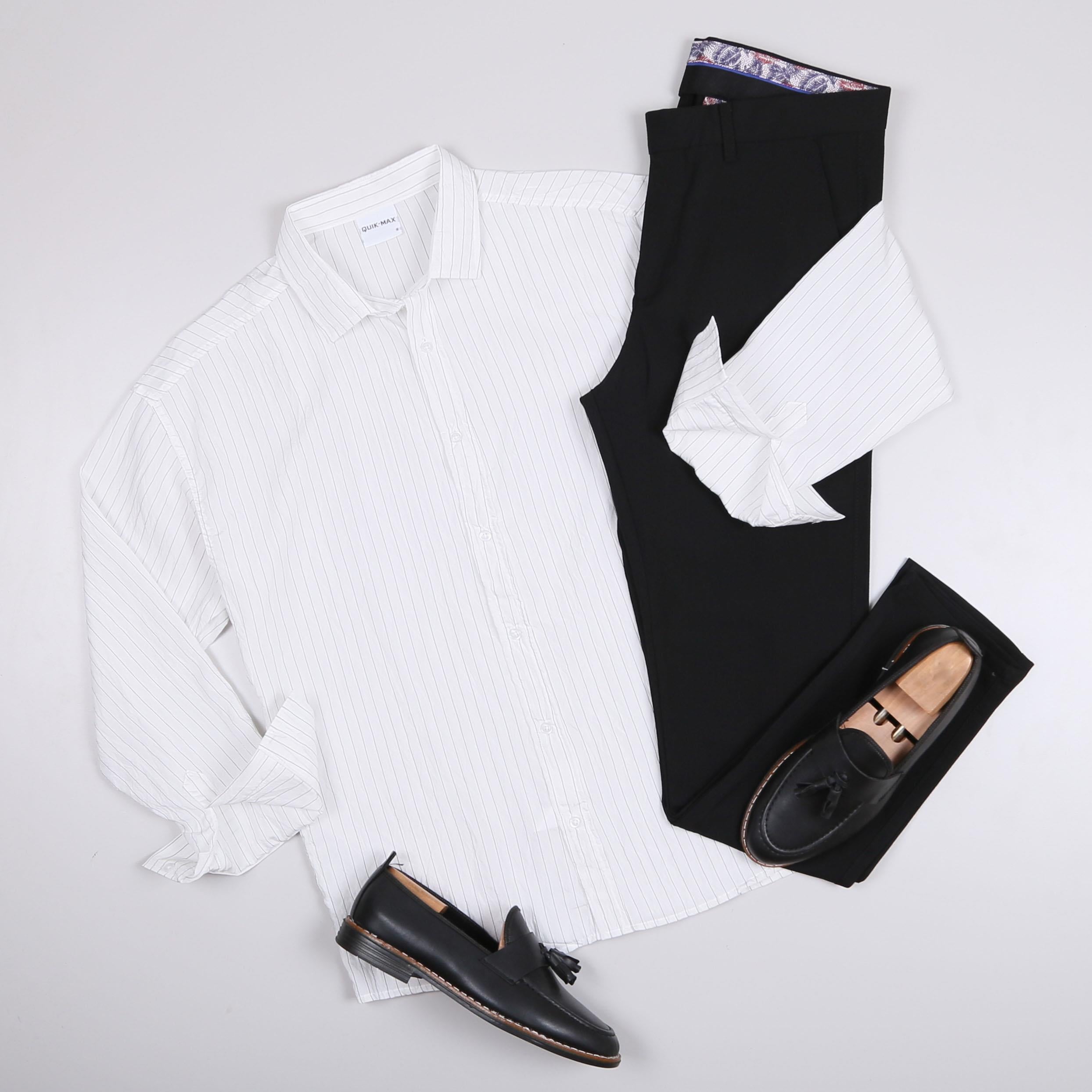 Beyaz Çizgili Gömlek Pantolon Ayakkabı Kombin