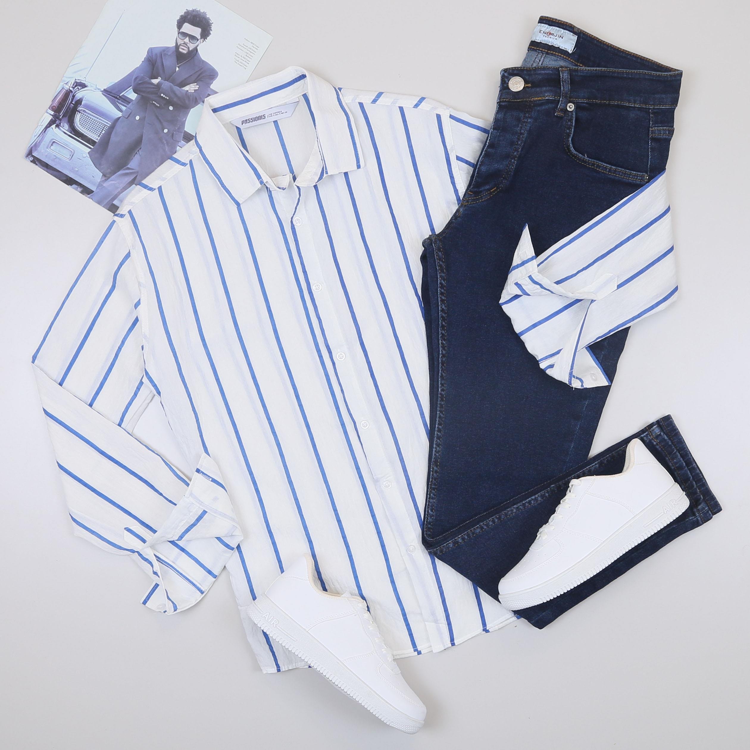 Beyaz Çizgili Gömlek Pantolon Ayakkabı Kombin
