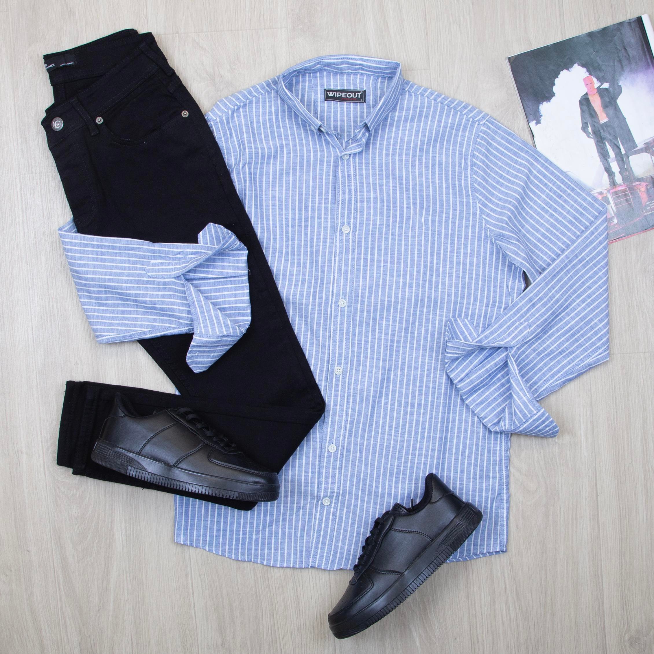 Beyaz çizgili Gömlek Pantolon Ayakkabı Kombin