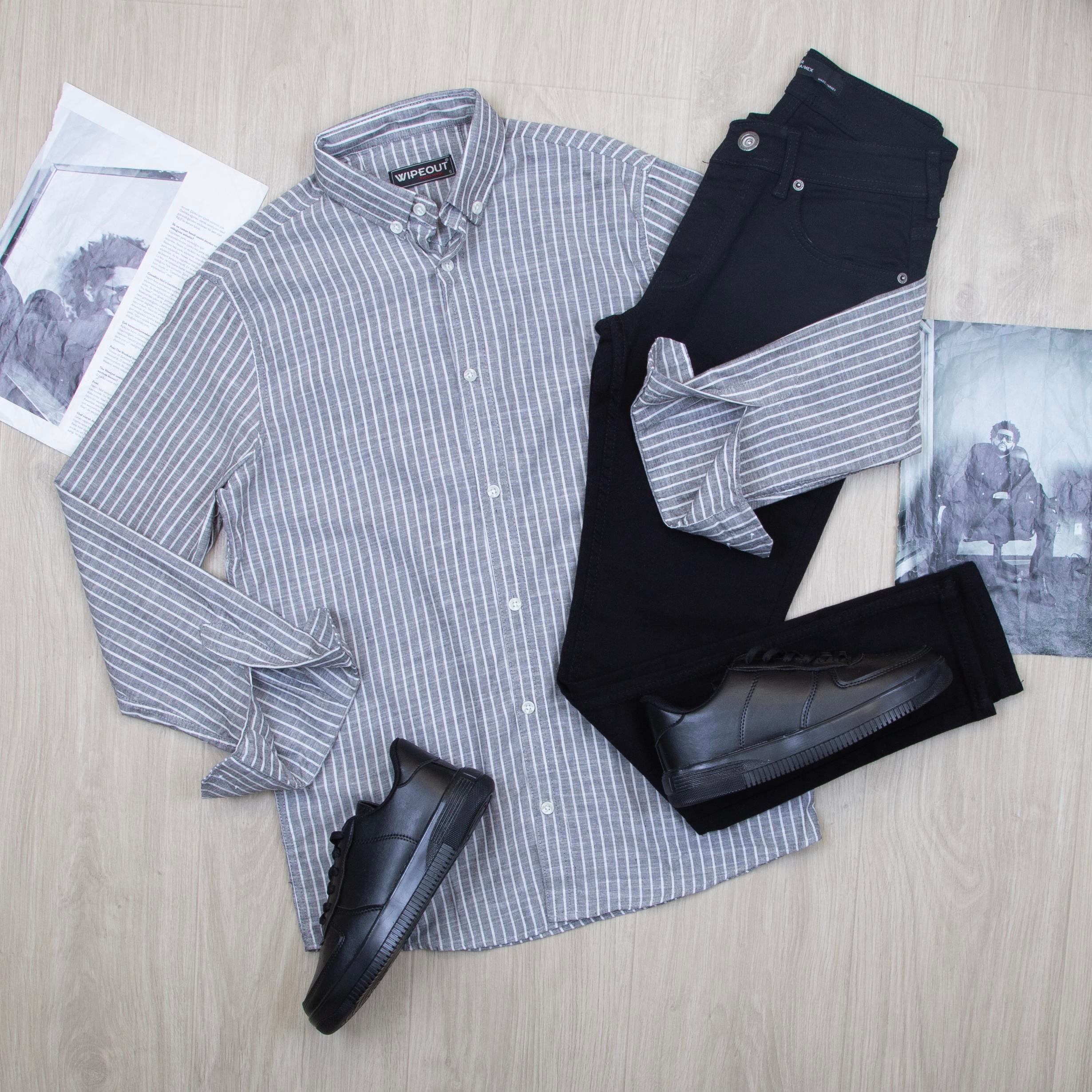 Beyaz çizgili Gömlek Pantolon Ayakkabı Kombin