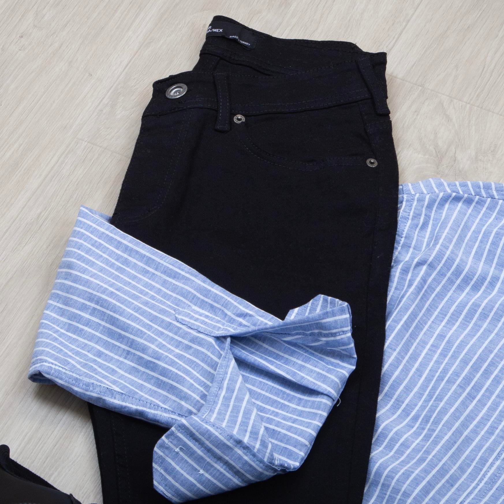 Beyaz çizgili Gömlek Pantolon Ayakkabı Kombin