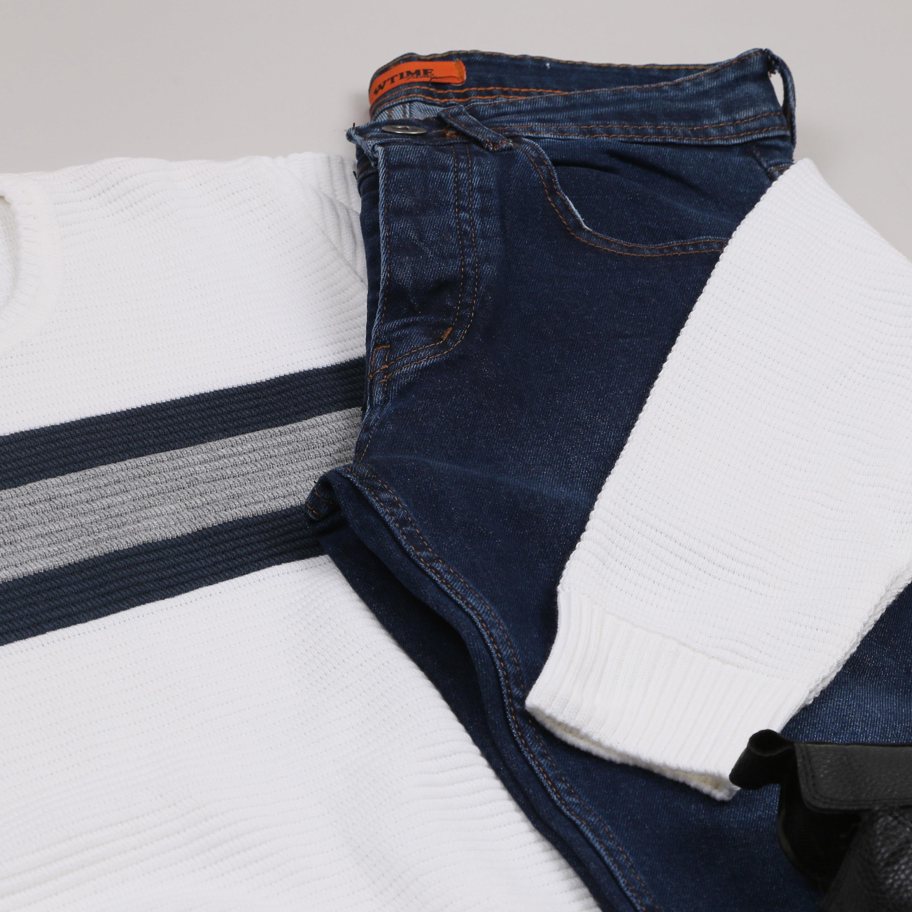 Beyaz Çizgili Kazak Kot Pantolon Bot Kombini