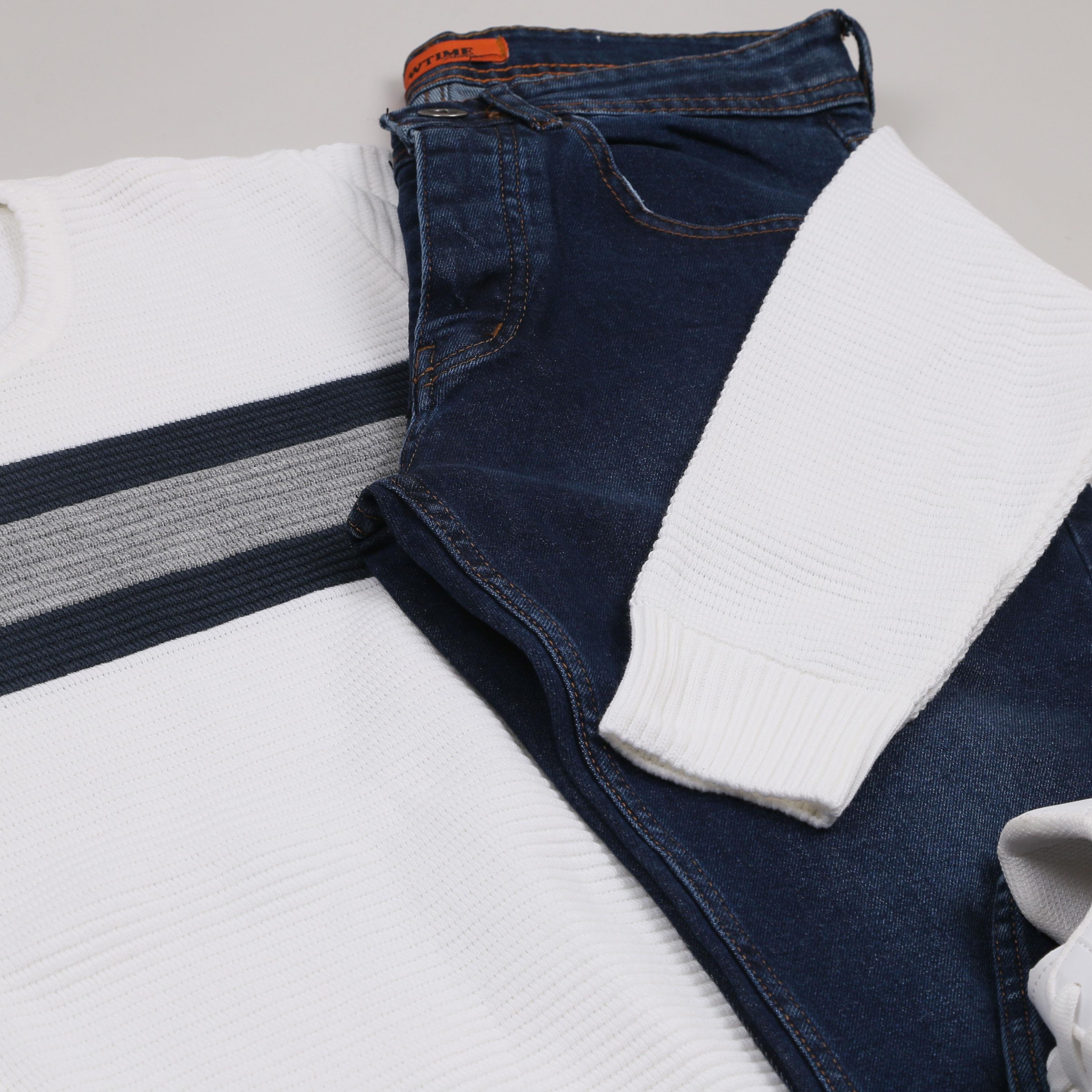 Beyaz Çizgili Kazak Pantolon Ayakkabı Kombini