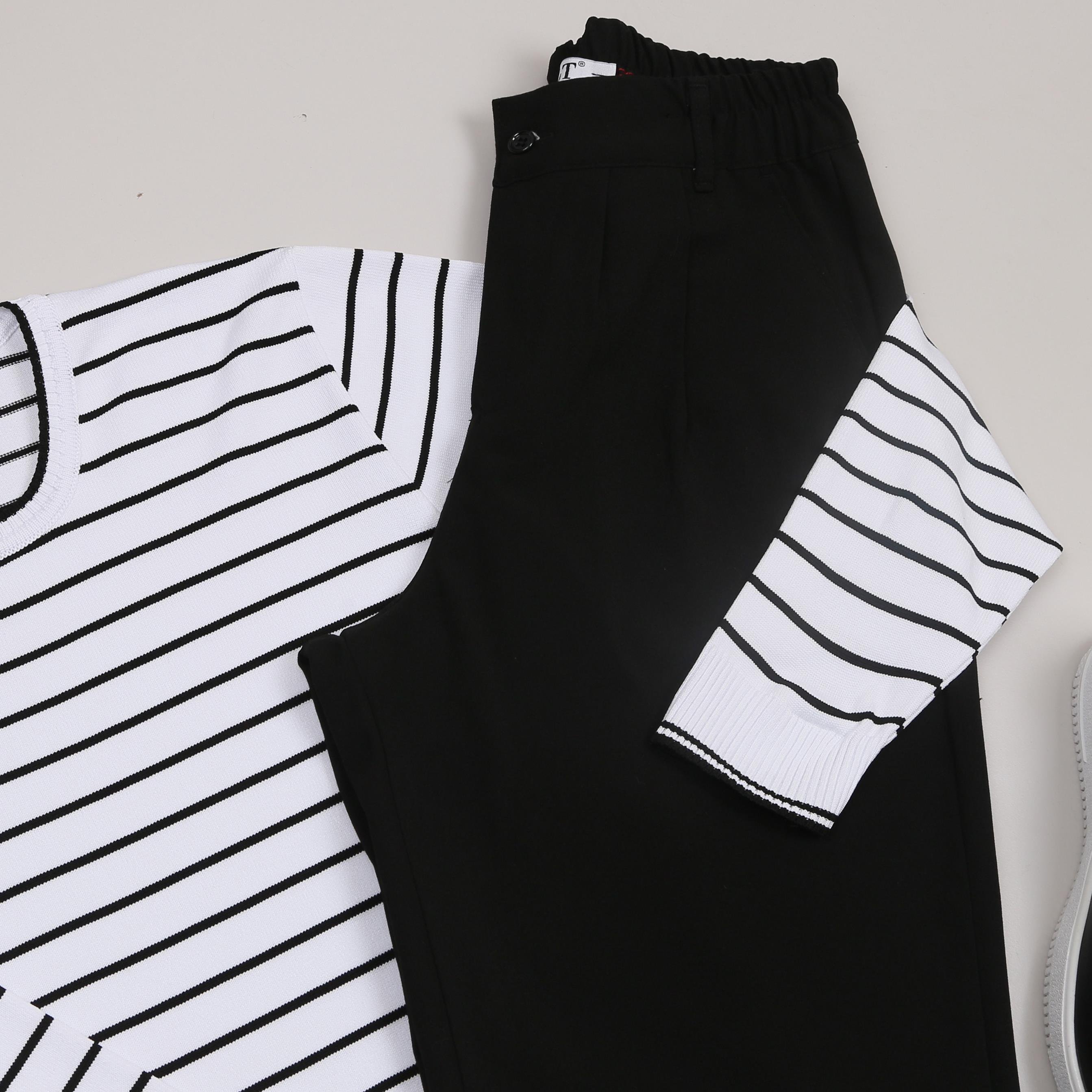 Beyaz Çizgili triko Baggy Siyah kumaş Pantolon