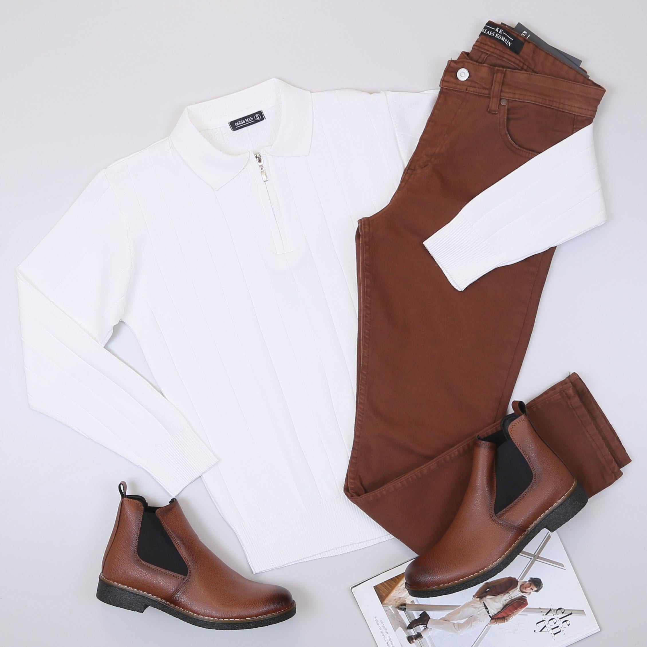 Beyaz Çizgili Triko Polo Yaka Pantolon Bot Kombin