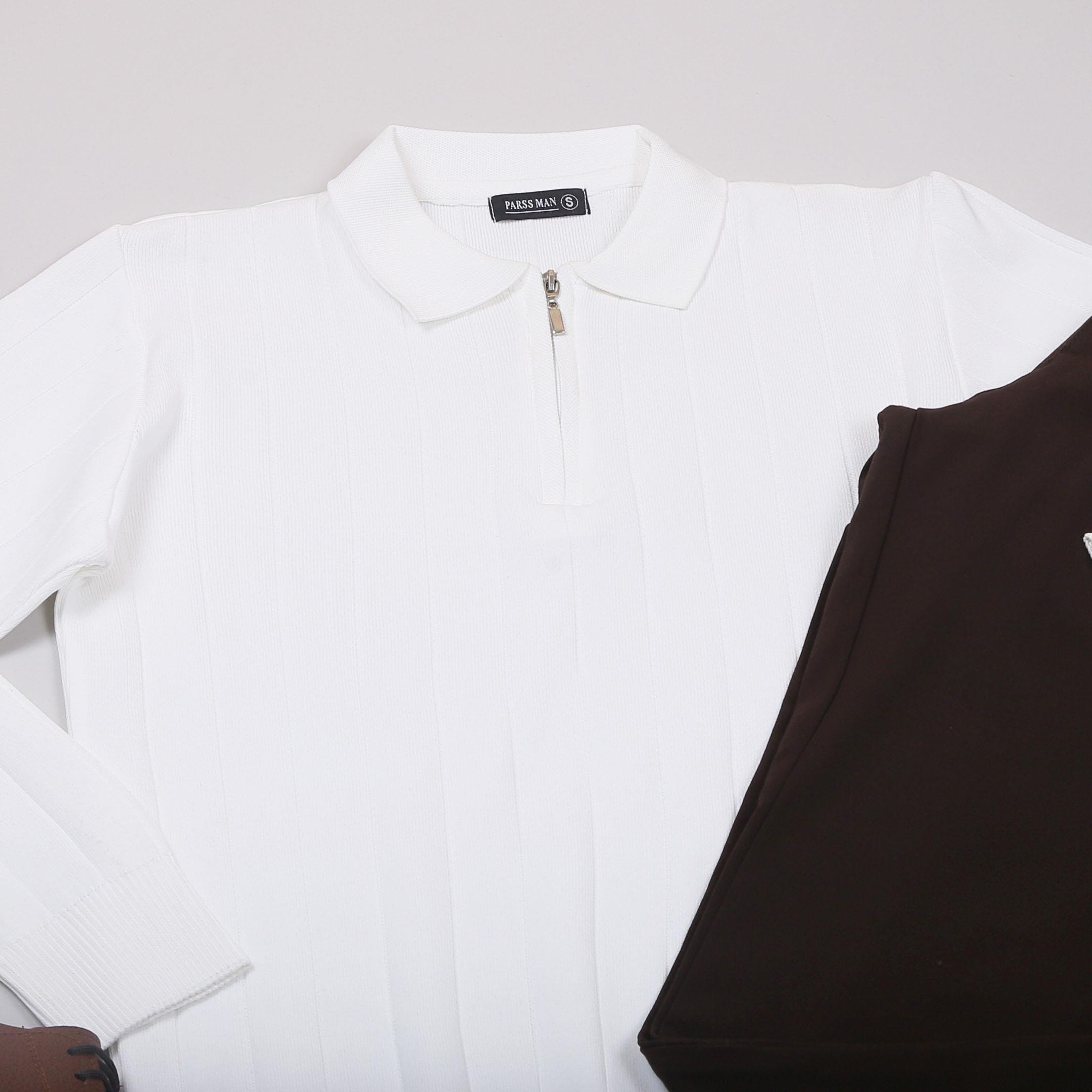 Beyaz Çizgili Triko Polo Yaka Pantolon Ayakkabı Kombin