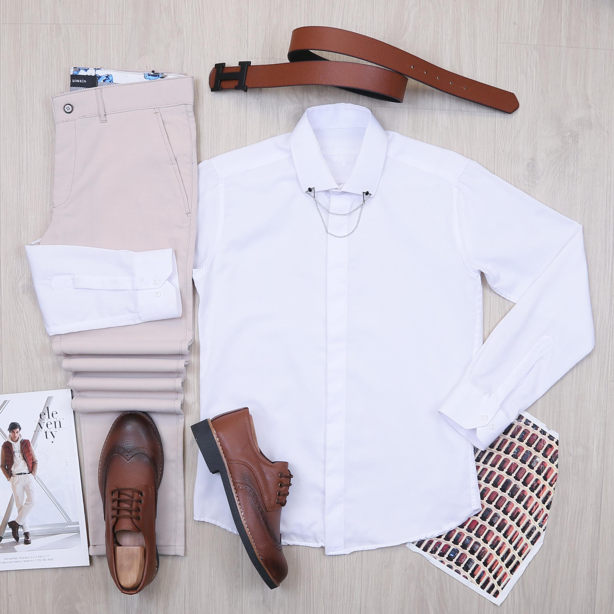 Beyaz Gömlek Bej Pantolon Ayakkabı Kombin