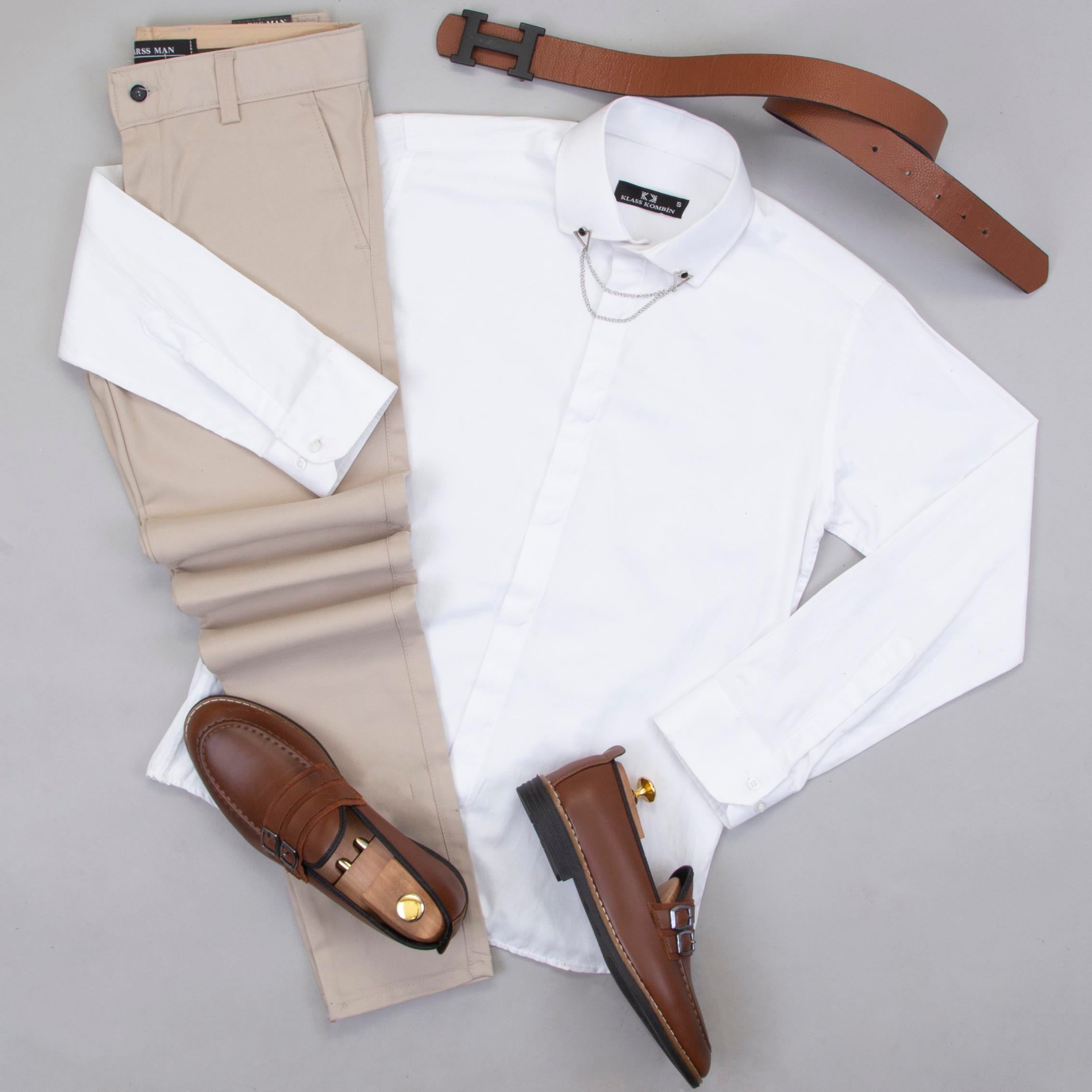 Beyaz Gömlek Bej Pantolon Ayakkabı Kombin