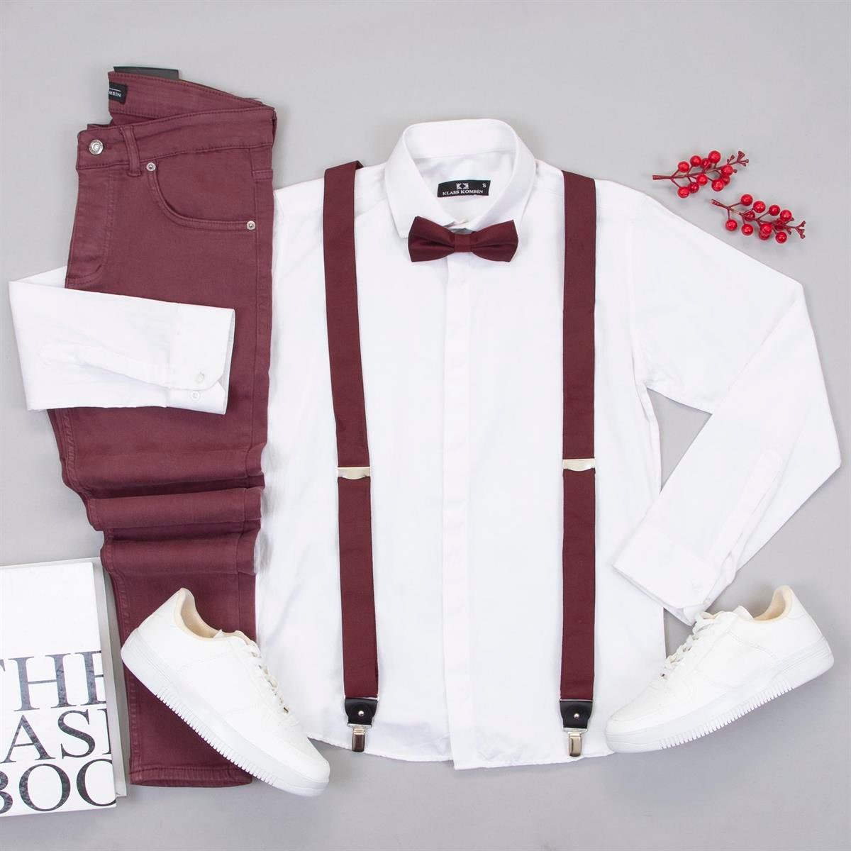 Beyaz Gömlek Bordo Pantolon Papyon Askı Ayakkabı Kombin