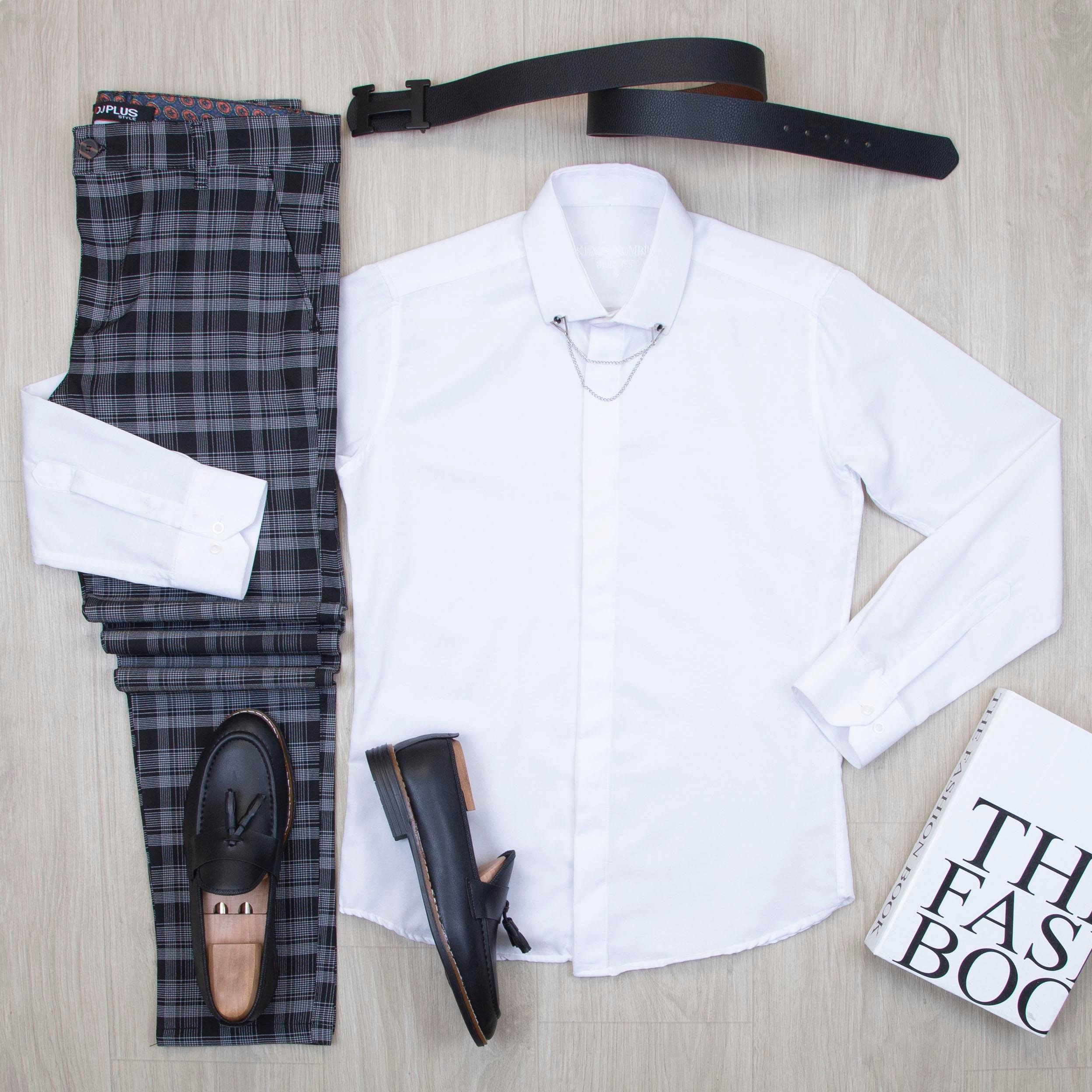 Beyaz Gömlek Ekose Pantolon Ayakkabı Kombin