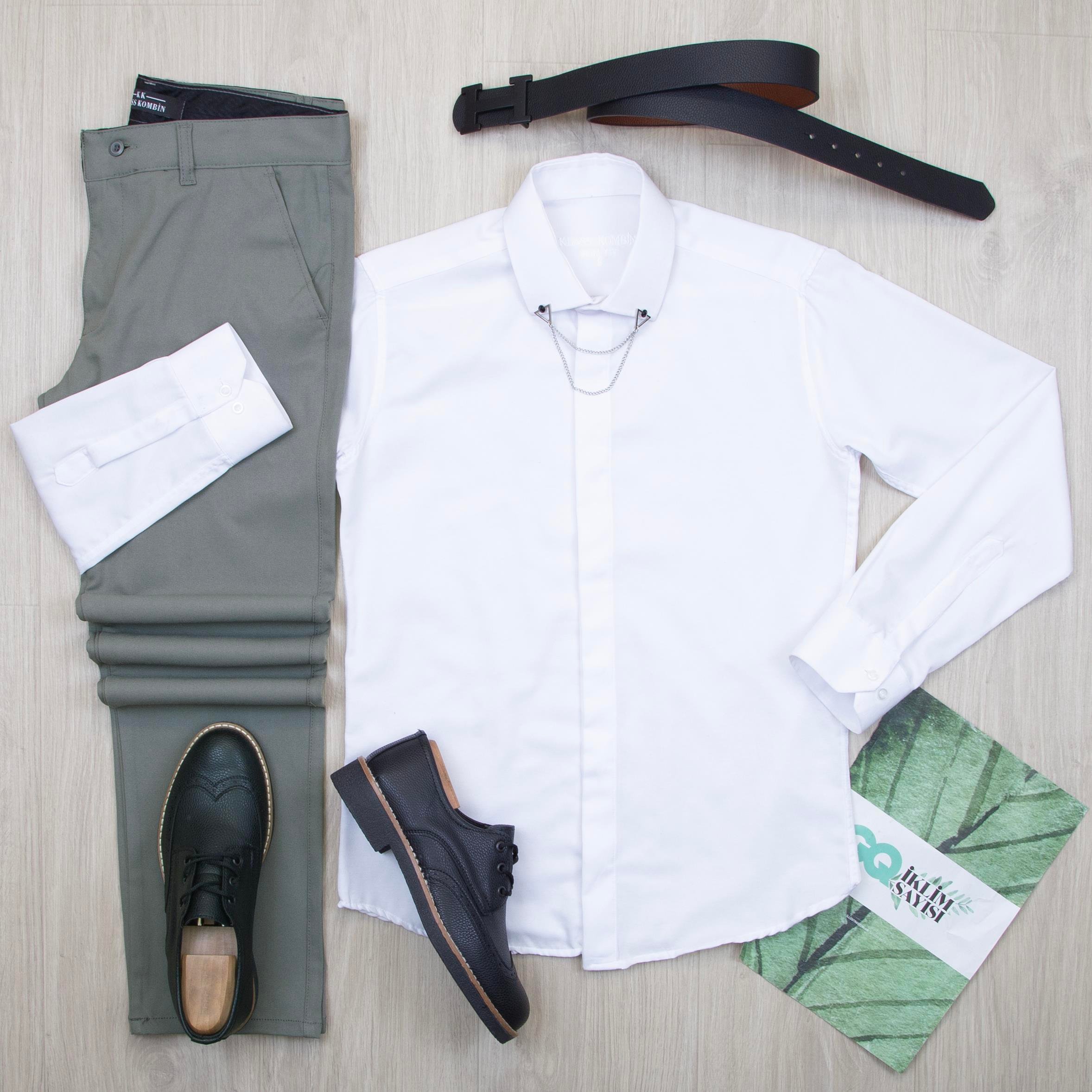 Beyaz Gömlek Haki Pantolon Ayakkabı Kombin