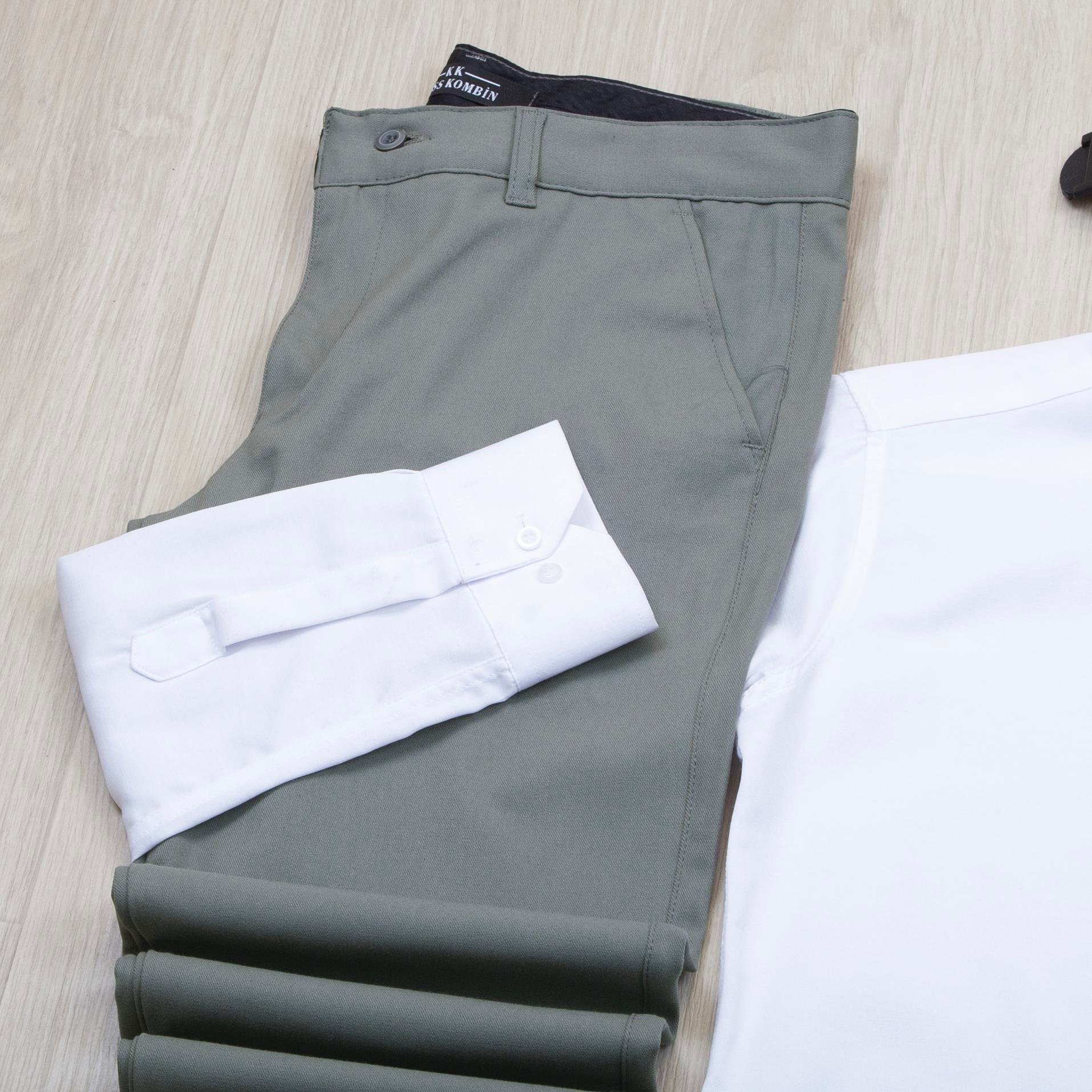 Beyaz Gömlek Haki Pantolon Ayakkabı Kombin