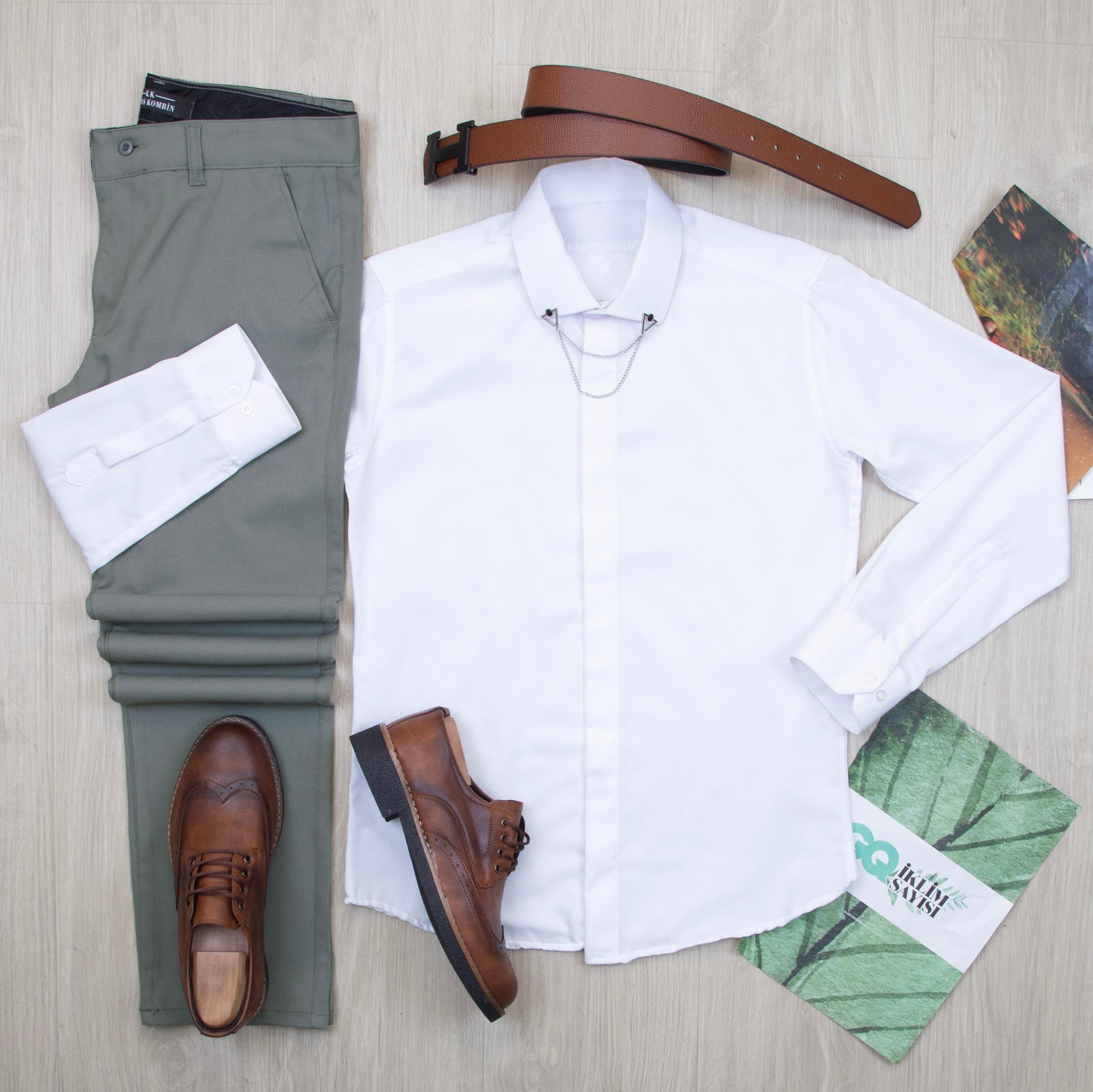 Beyaz Gömlek Haki Pantolon Ayakkabı Kombin