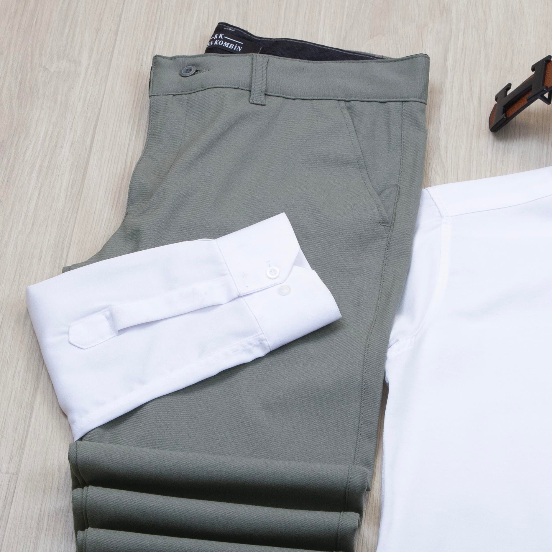 Beyaz Gömlek Haki Pantolon Ayakkabı Kombin