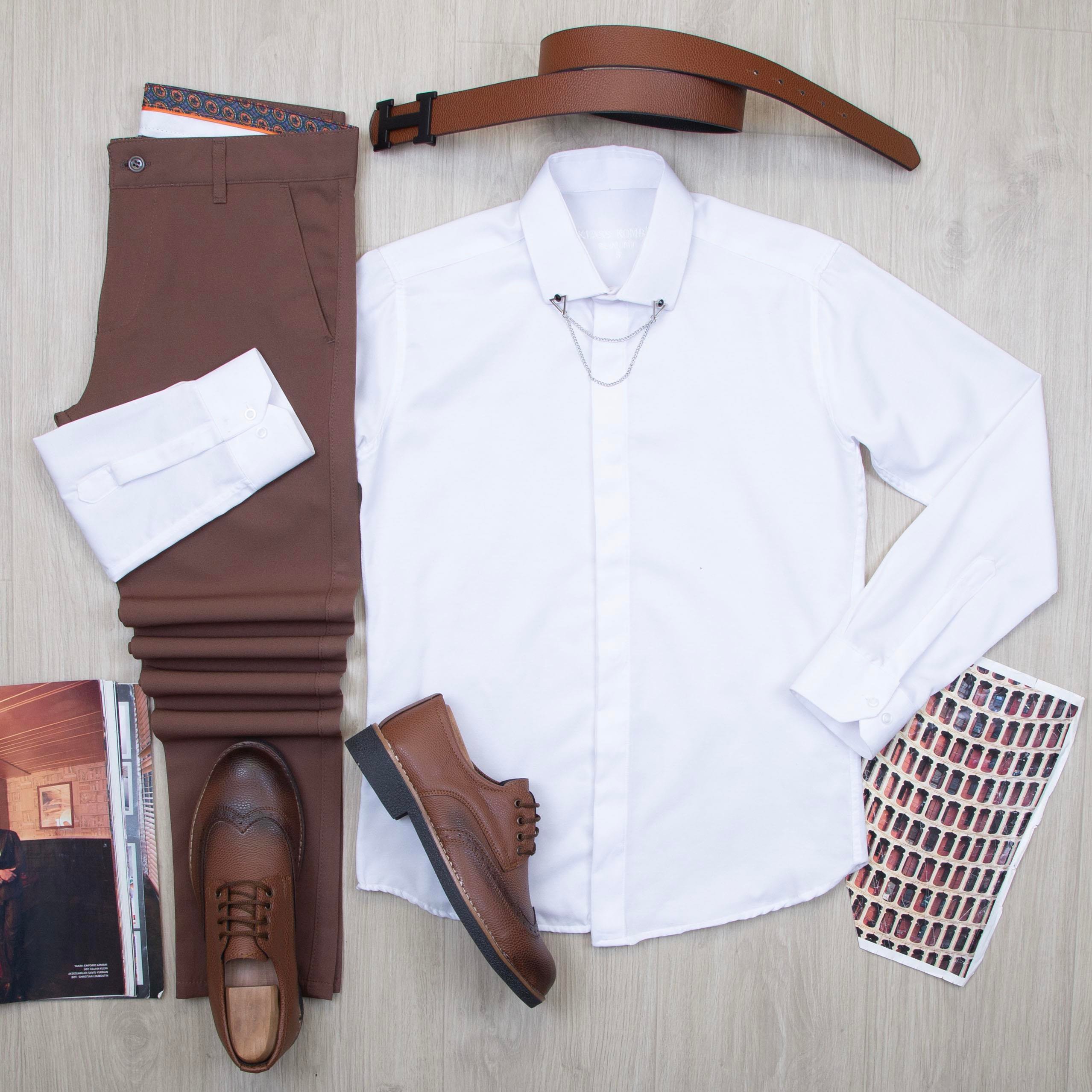 Beyaz Gömlek Kahve Pantolon Ayakkabı Kombin