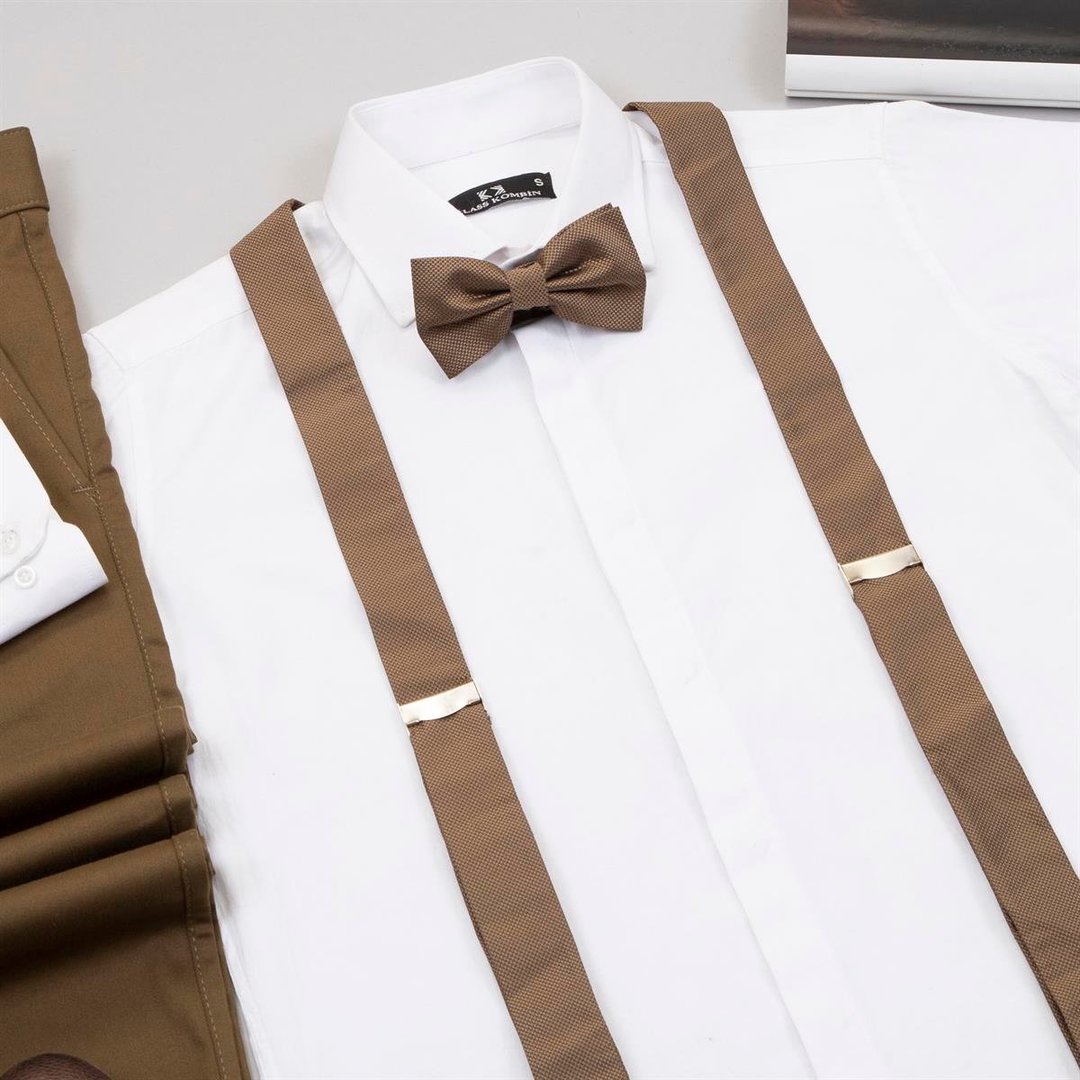 Beyaz Gömlek Kahve Pantolon Papyon Askı Ayakkabı Kombin