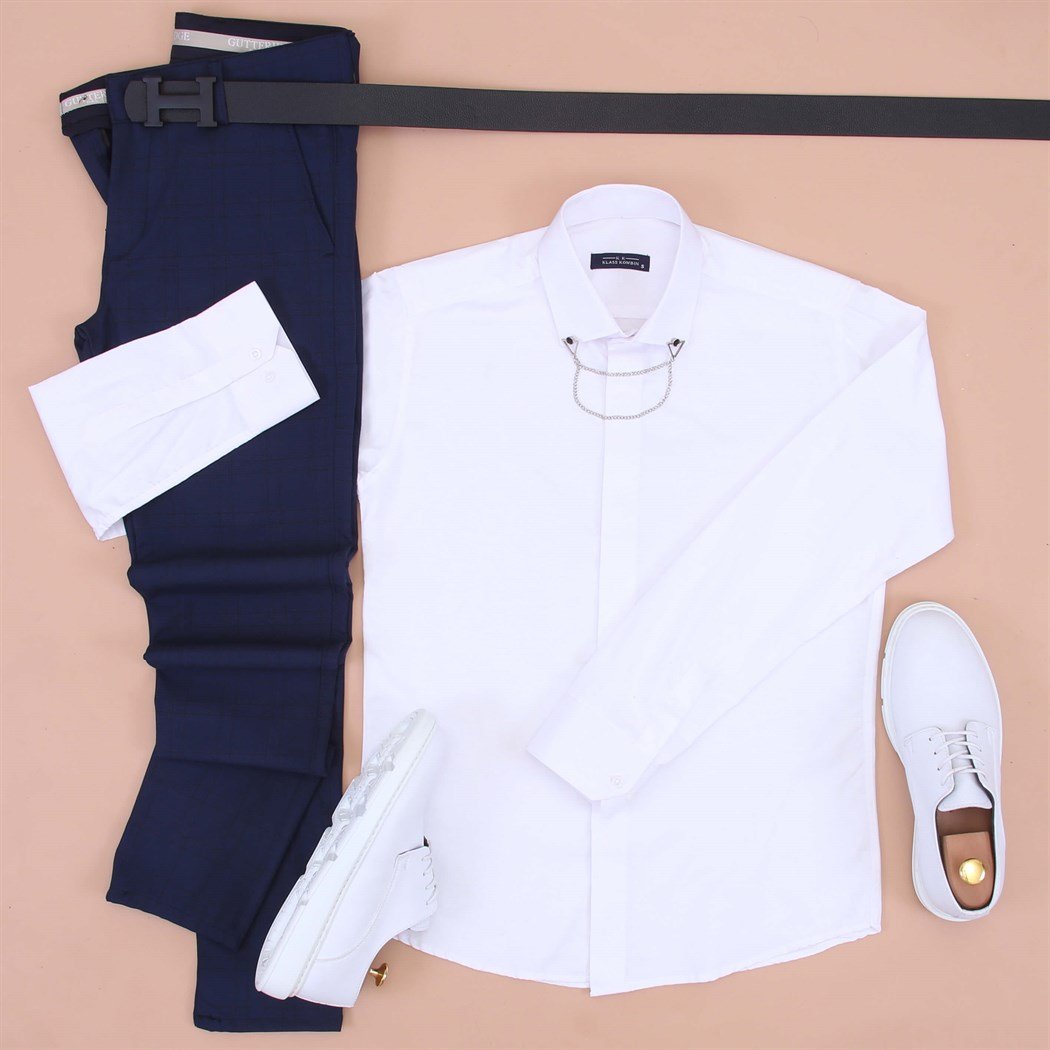 Beyaz Gömlek Kumaş Pantolon Spor Ayakkabı Koımbini 