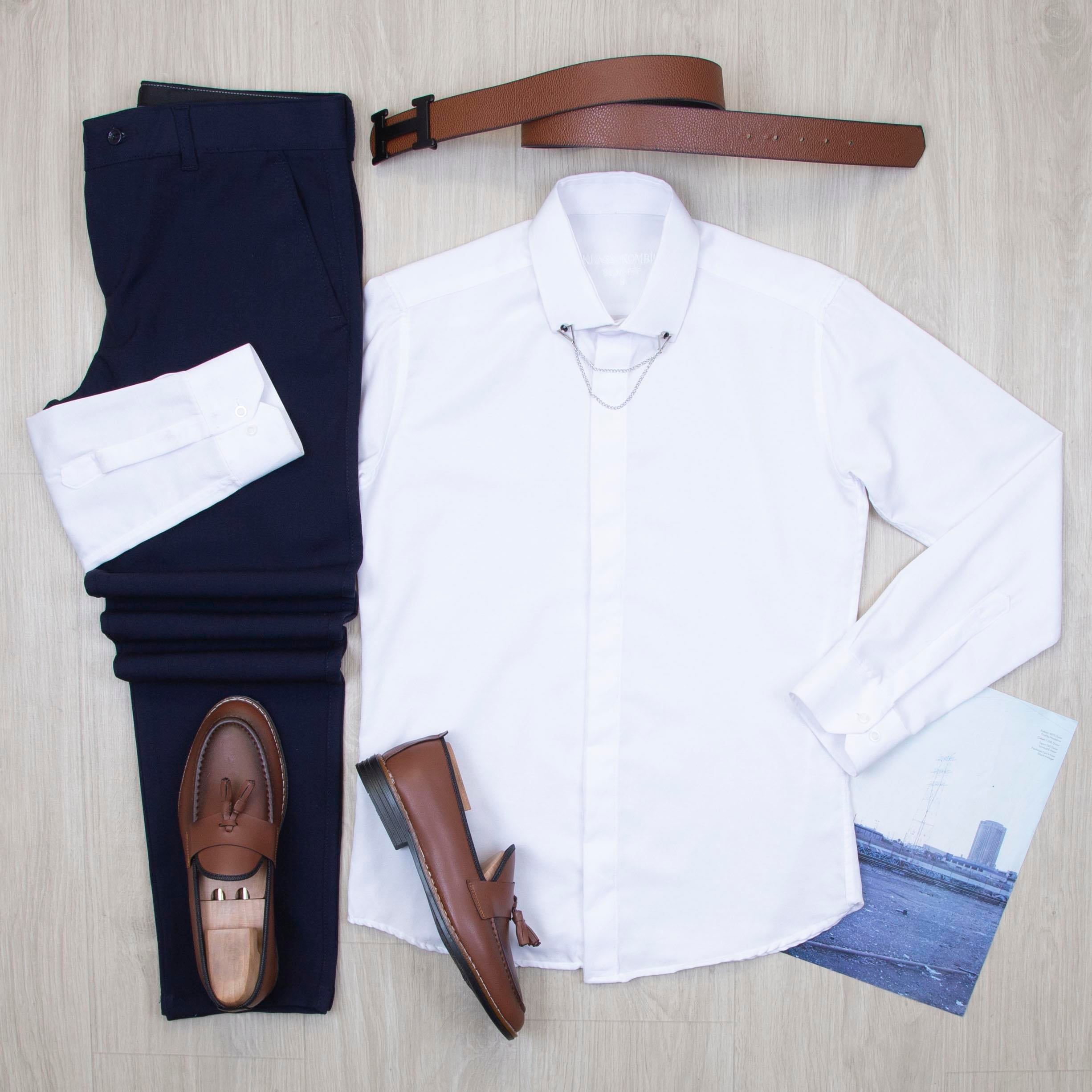 Beyaz Gömlek Lacivert Pantolon Ayakkabı Kombin