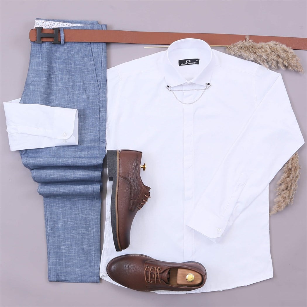 Beyaz Gömlek Mavi Kumaş Pantolon Ayakkabı Kombin