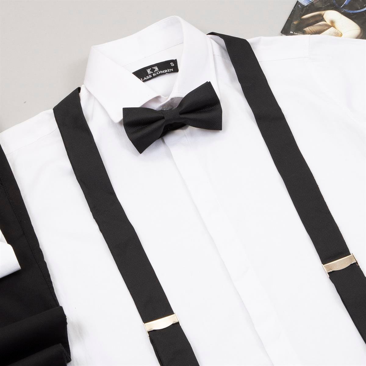 Beyaz Gömlek Pantolon Papyon Askı Ayakkabı Kombin