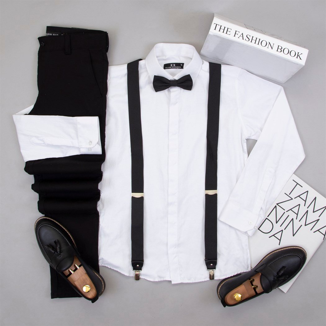 Beyaz Gömlek Pantolon Papyon Askı Ayakkabı Kombin