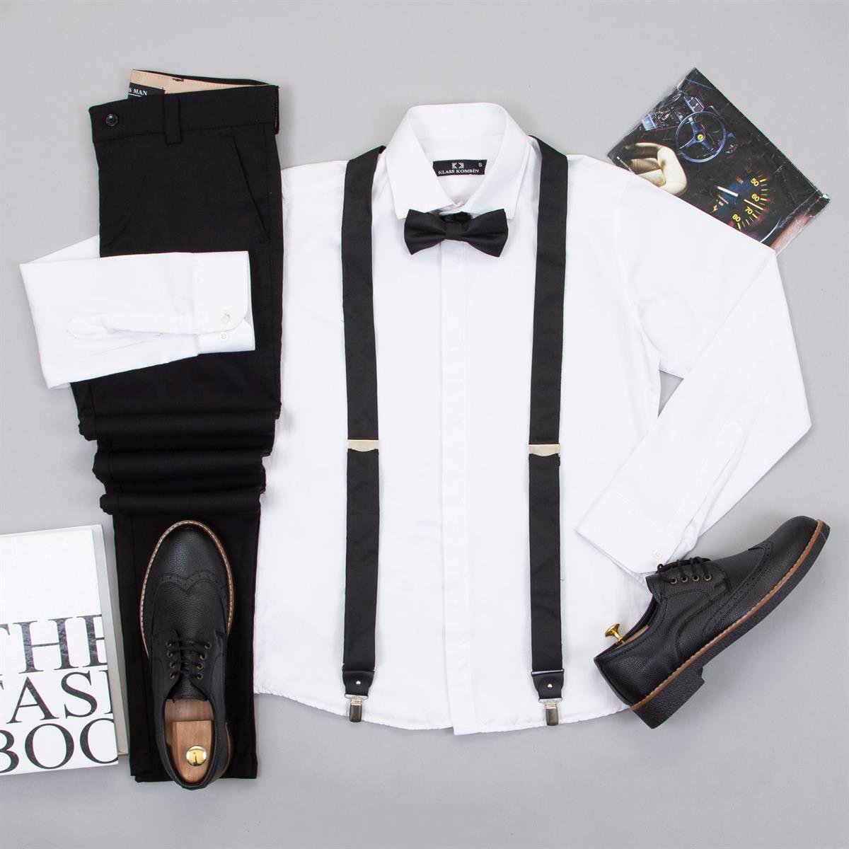 Beyaz Gömlek Pantolon Papyon Askı Ayakkabı Kombin