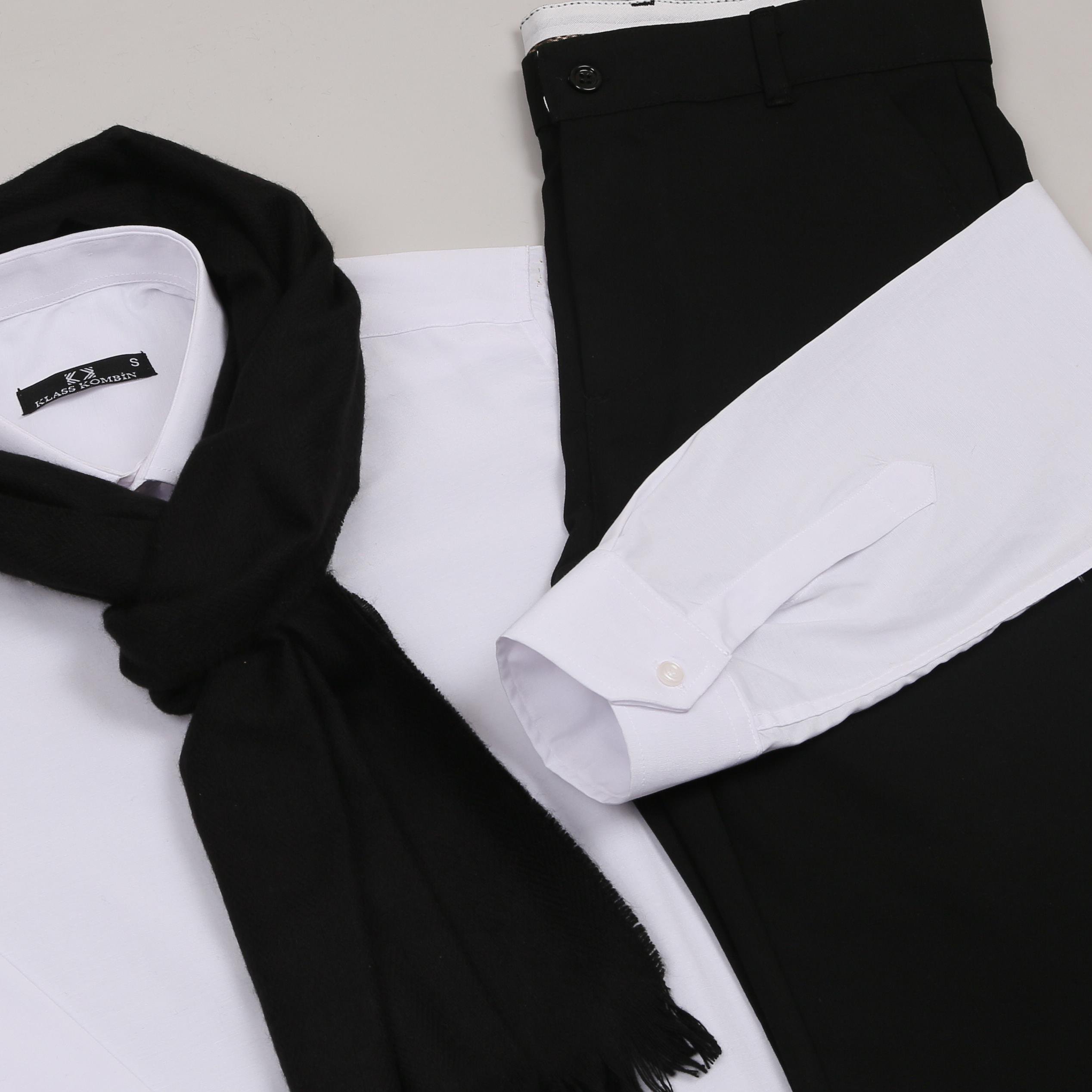 Beyaz gömlek Siyah Kumaş Pantolon Atkı Kombin