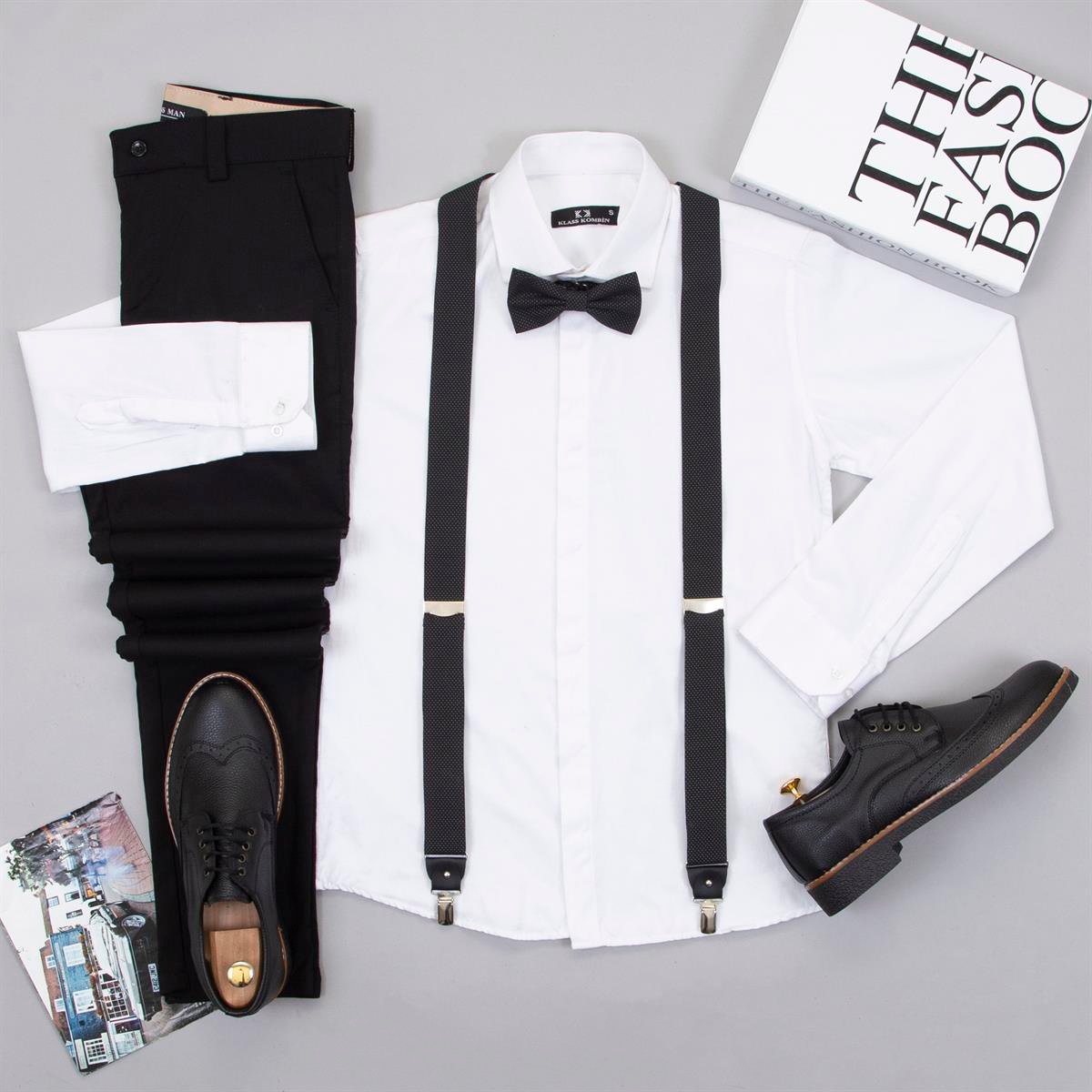 Beyaz Gömlek Siyah Pantolon Papyon Askı Ayakkabı Kombin