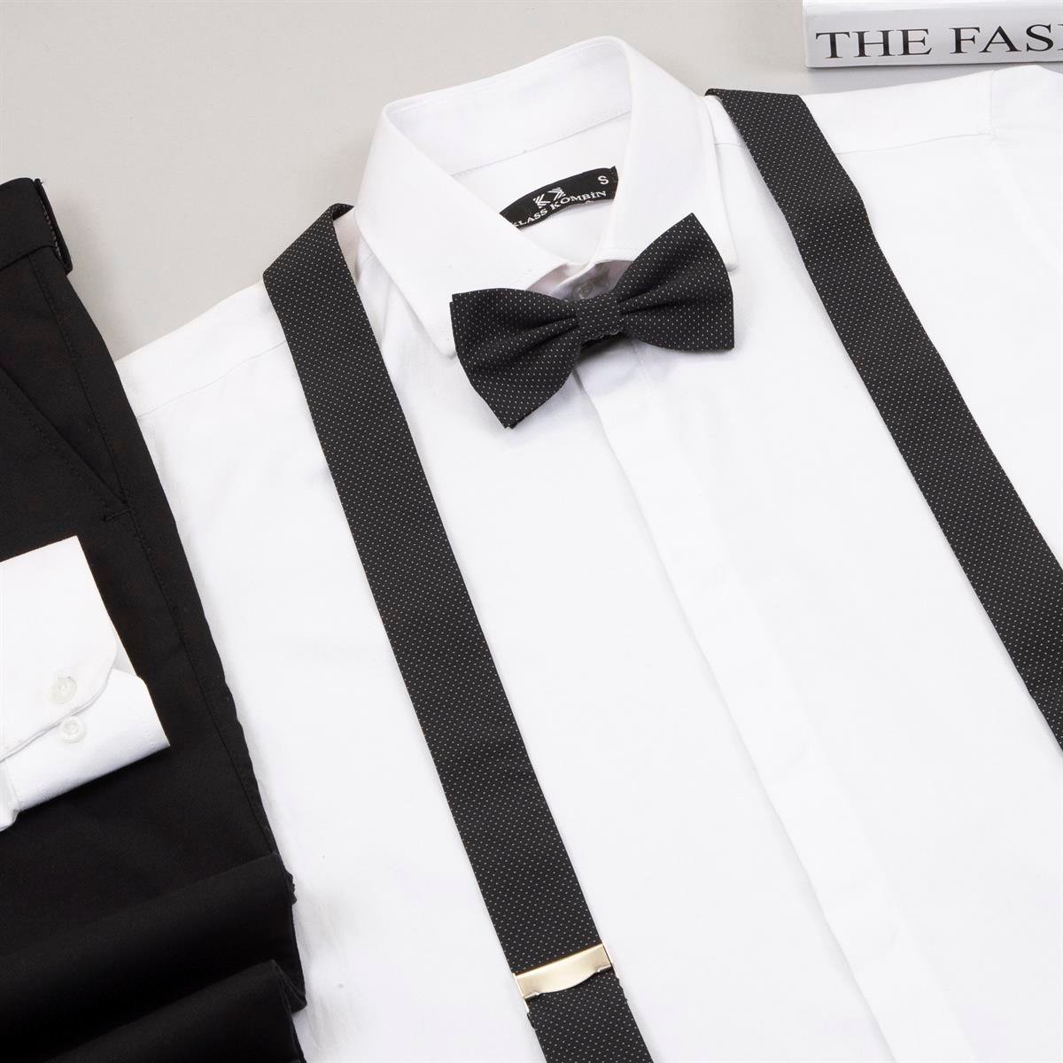 Beyaz Gömlek Siyah Pantolon Papyon Askı Ayakkabı Kombin